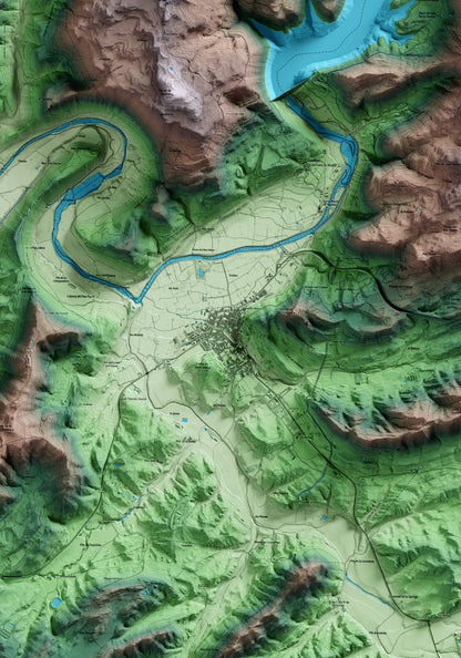 Mapa artístico del relieve de Ponts, a la Noguera, con 15 km de entorno y base topográfica ICGC. Detalle de la zona central.