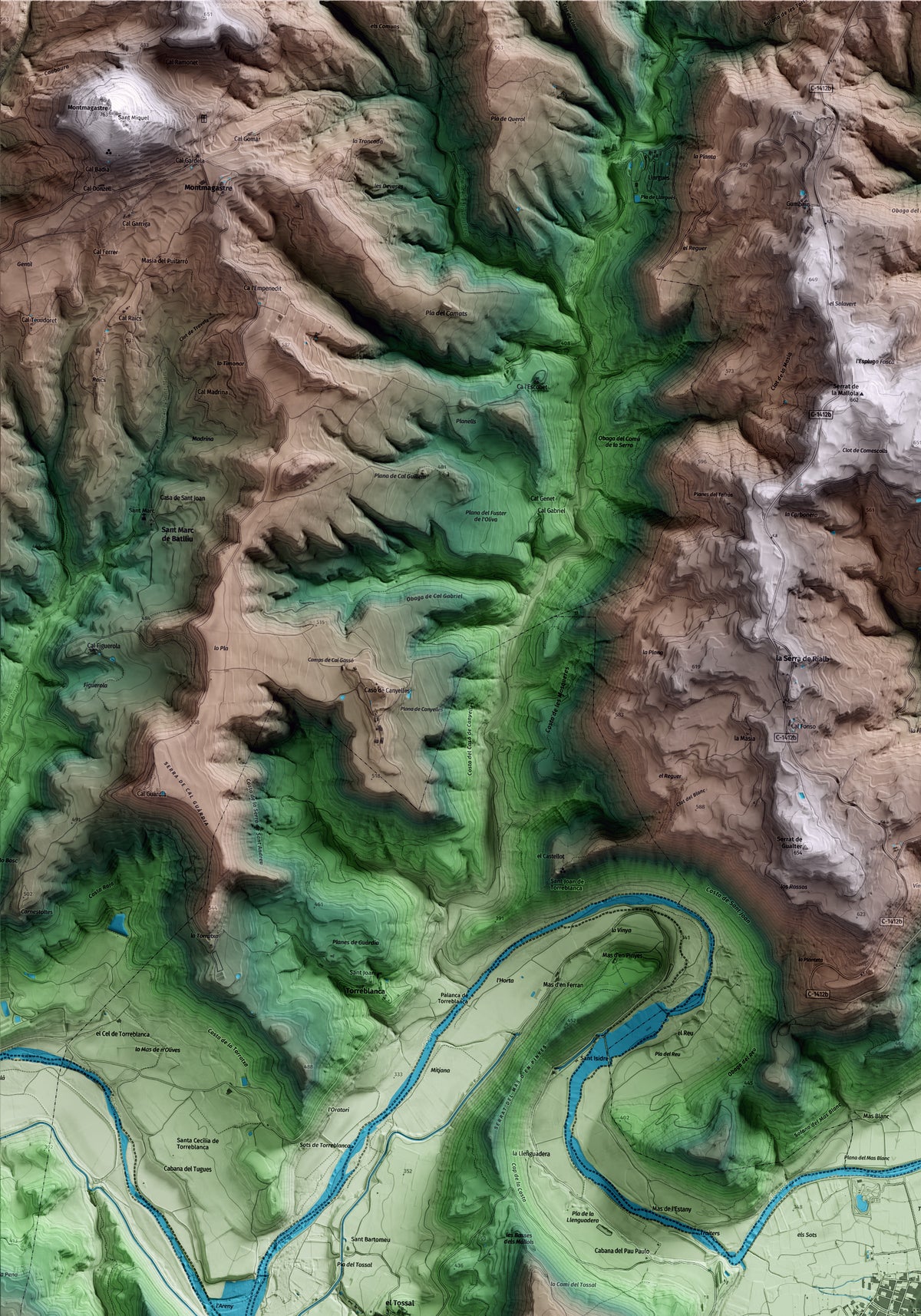 Mapa artístico del relieve de Ponts, a la Noguera, con 15 km de entorno y base topográfica ICGC. Detalle de la zona superior izquierda.