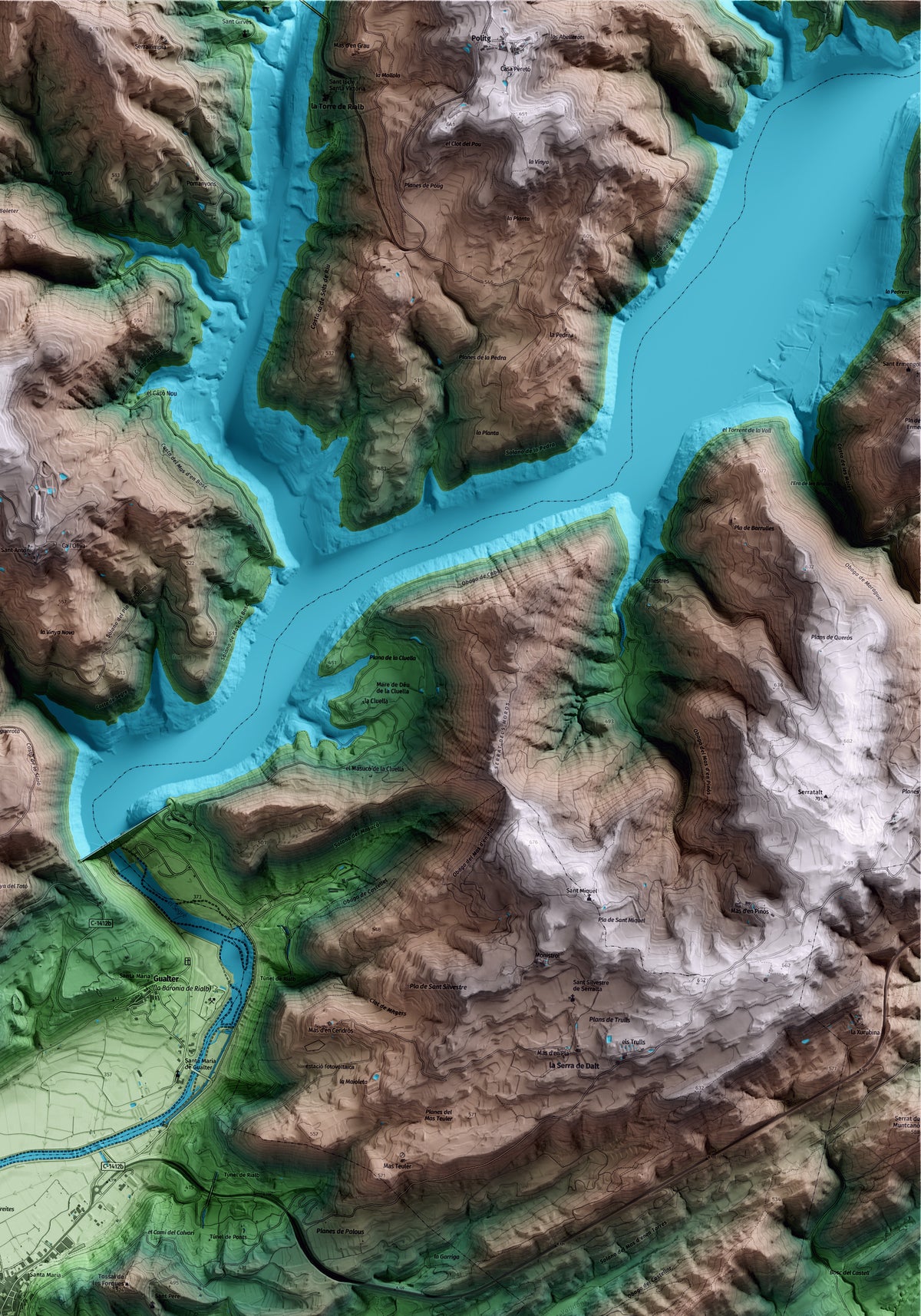 Mapa artístico del relieve de Ponts, a la Noguera, con 15 km de entorno y base topográfica ICGC. Detalle de la zona superior derecha.