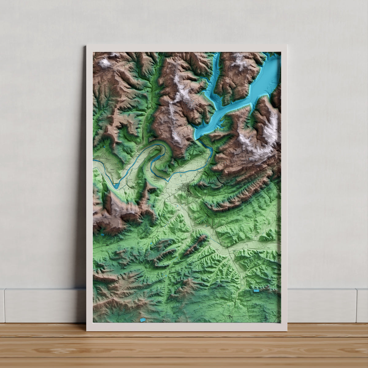 Mapa artístico del relieve de Ponts, a la Noguera, con 15 km de entorno y base topográfica ICGC. Presentación enmarcada.