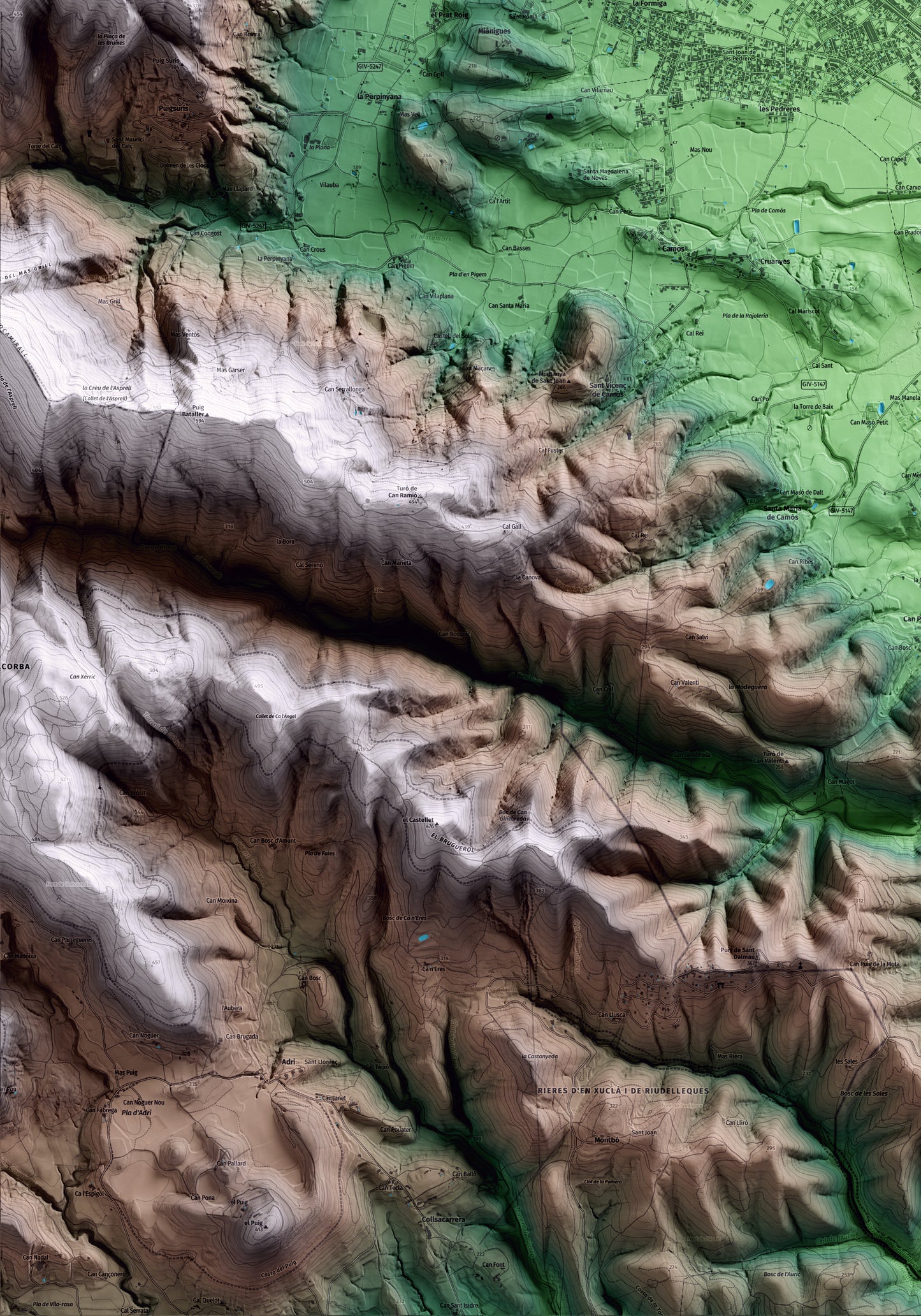 Mapa artístico del relieve de Porqueres, en el Pla de l'Estany, con 15 km de entorno y base topográfica ICGC. Detalle de la zona inferior izquierda.