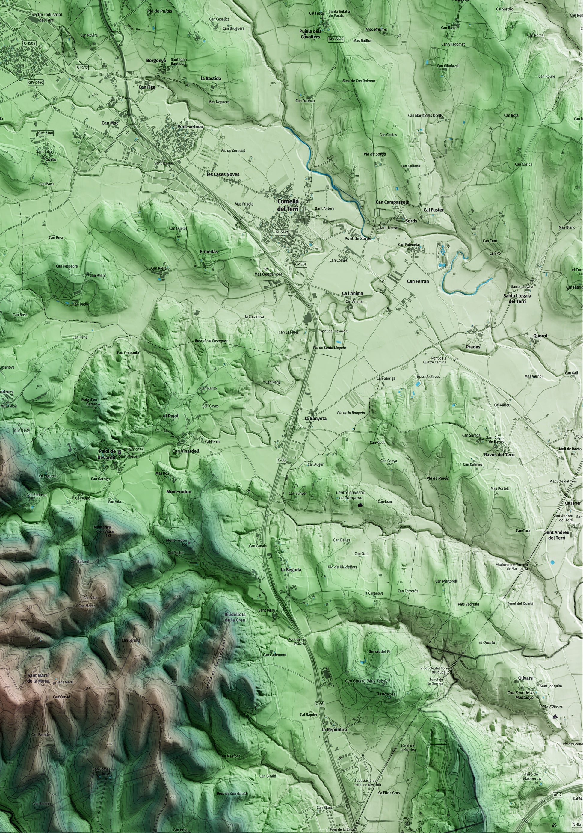 Mapa artístico del relieve de Porqueres, en el Pla de l'Estany, con 15 km de entorno y base topográfica ICGC. Detalle de la zona inferior derecha.