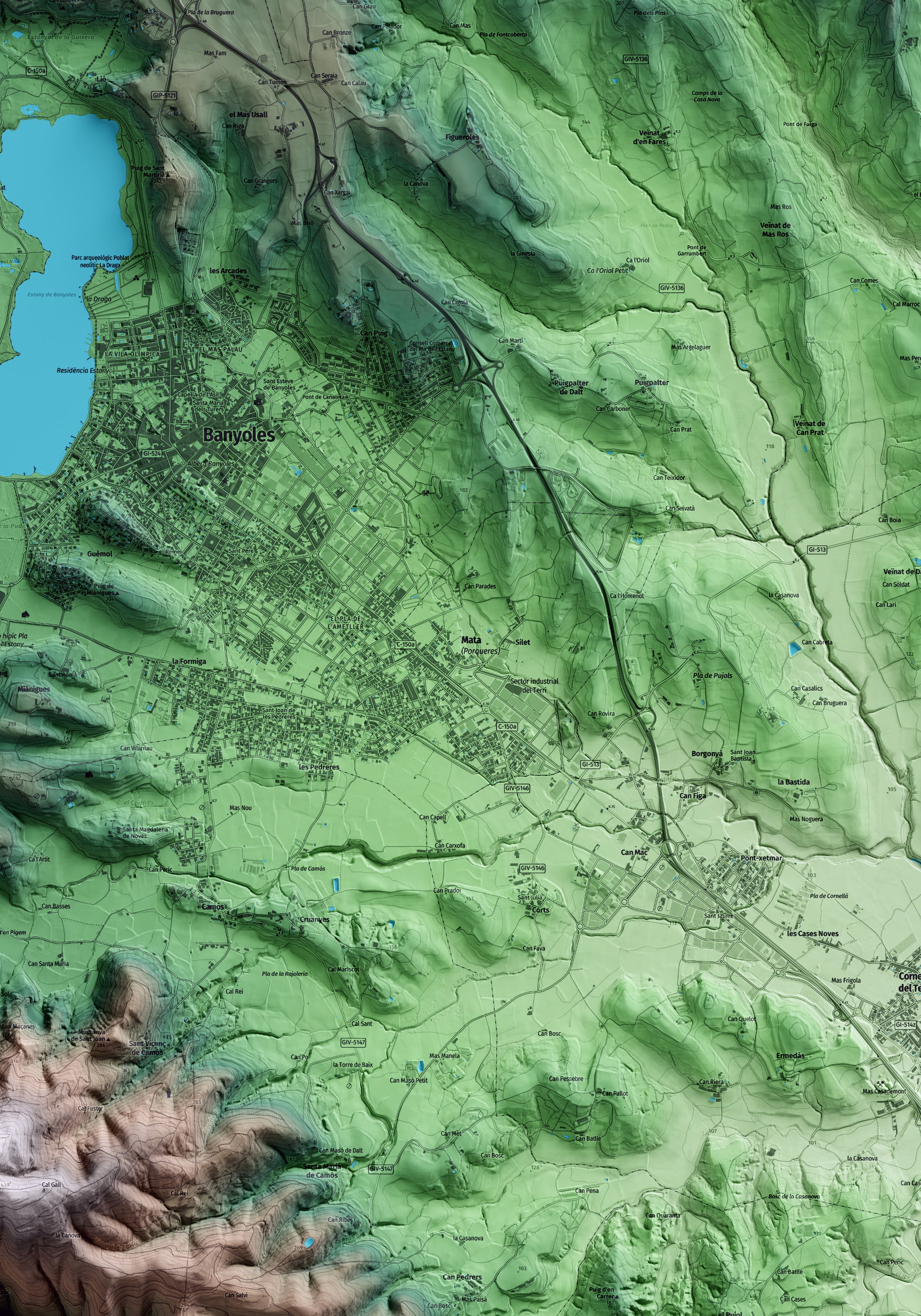 Mapa artístico del relieve de Porqueres, en el Pla de l'Estany, con 15 km de entorno y base topográfica ICGC. Detalle de la zona central.