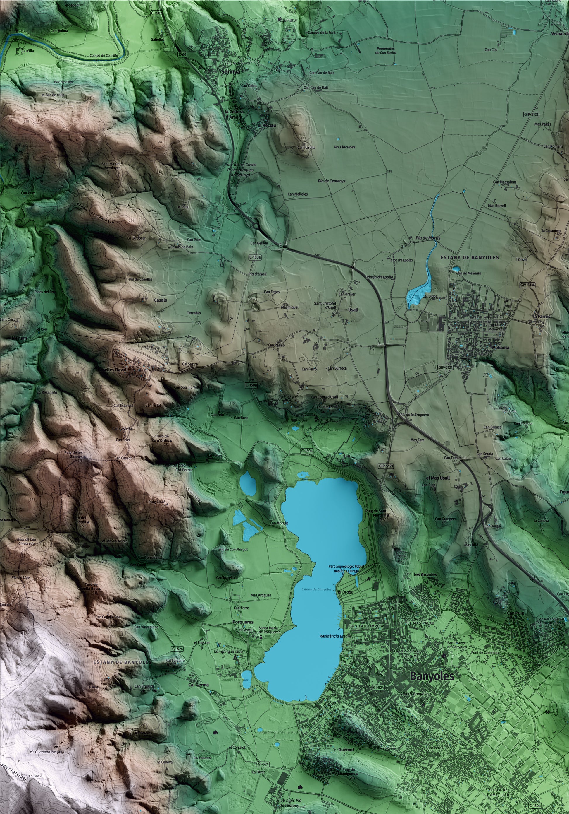 Mapa artístico del relieve de Porqueres, en el Pla de l'Estany, con 15 km de entorno y base topográfica ICGC. Detalle de la zona superior izquierda.