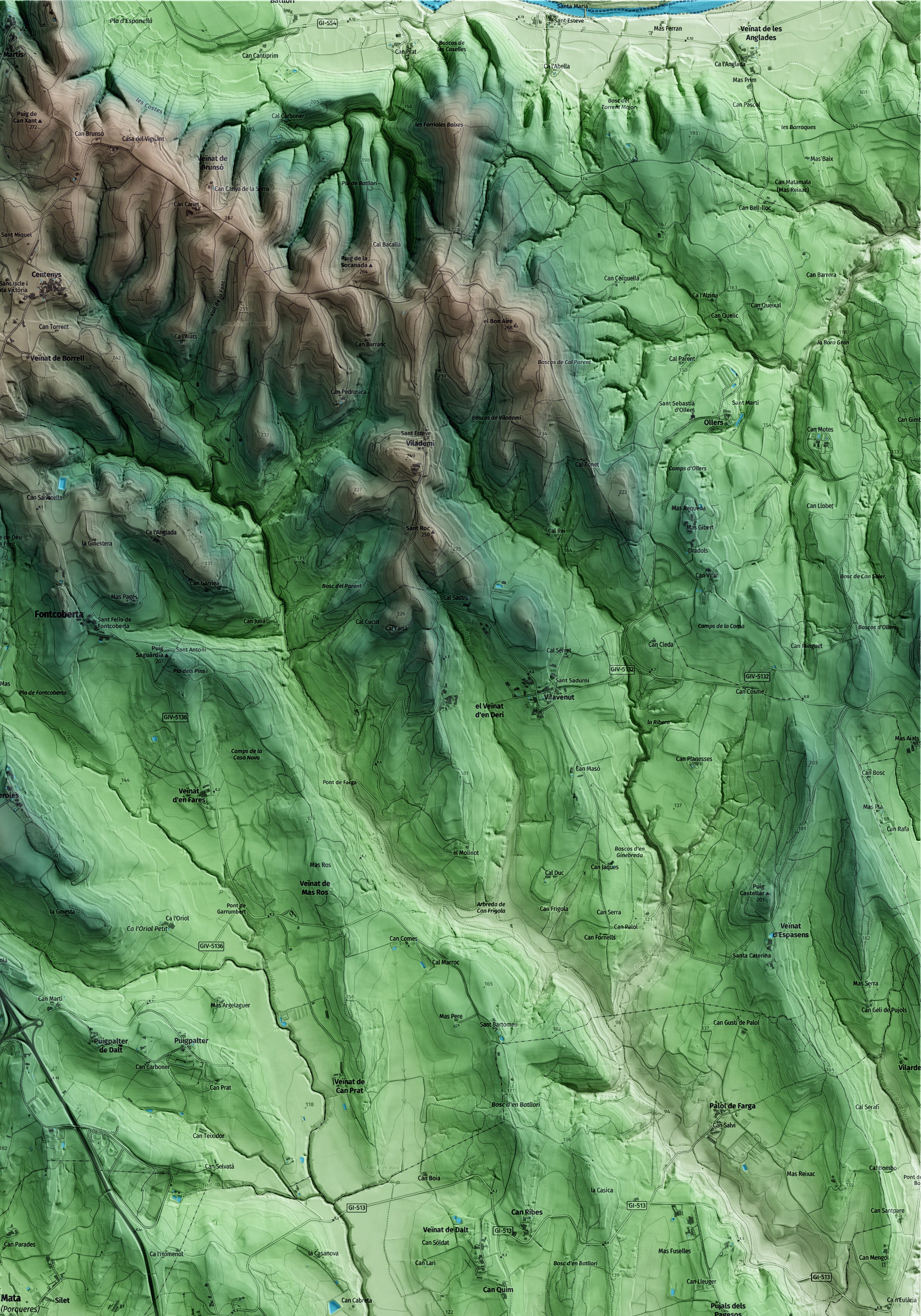 Mapa artístico del relieve de Porqueres, en el Pla de l'Estany, con 15 km de entorno y base topográfica ICGC. Detalle de la zona superior derecha.