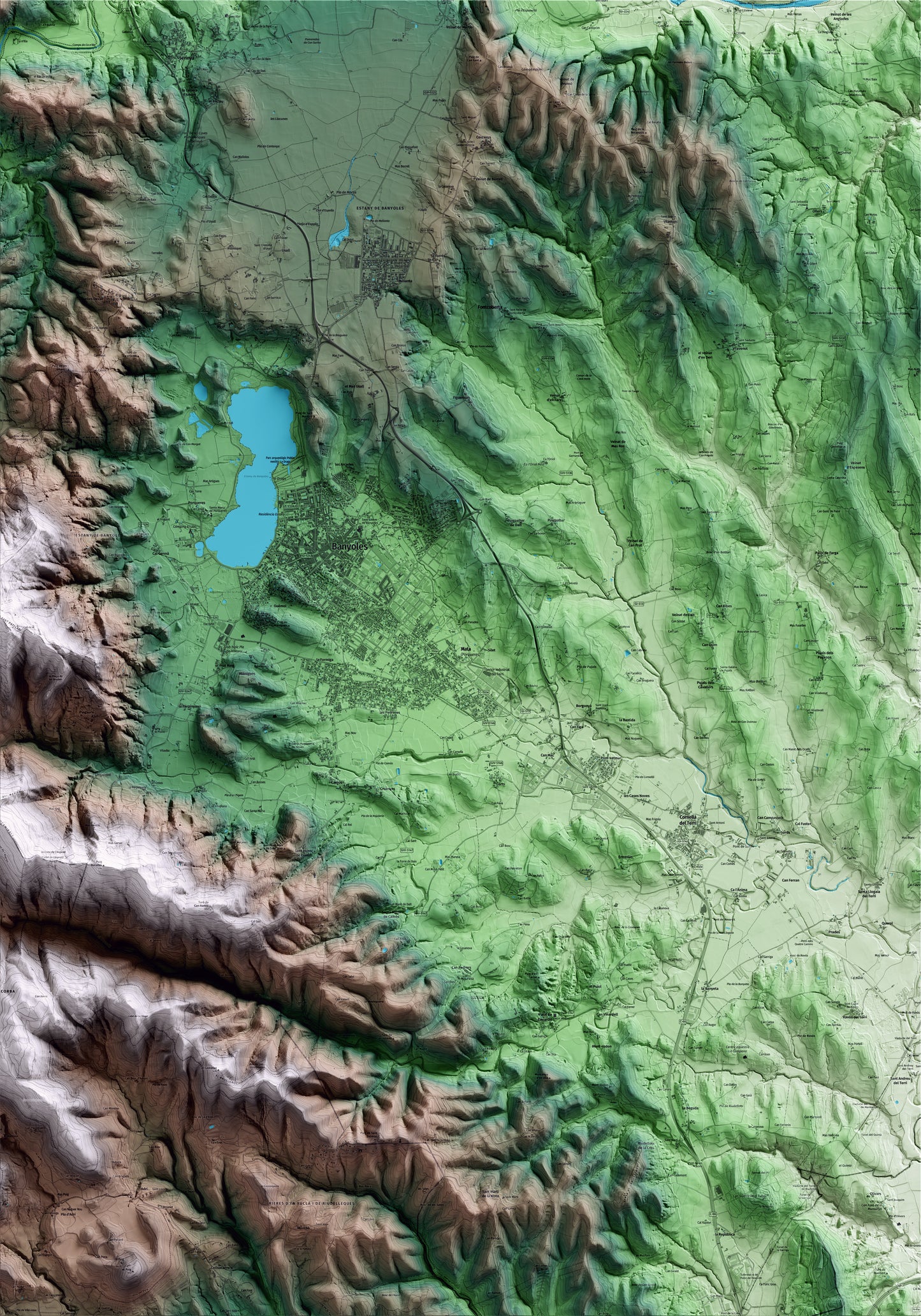 Mapa artístico del relieve de Porqueres, en el Pla de l'Estany, con 15 km de entorno y base topográfica ICGC