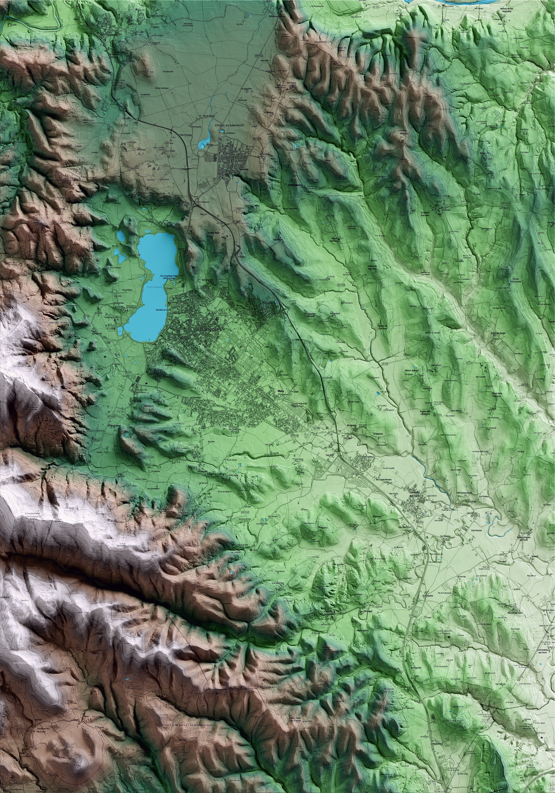 Mapa artístico del relieve de Porqueres, en el Pla de l'Estany, con 15 km de entorno y base topográfica ICGC