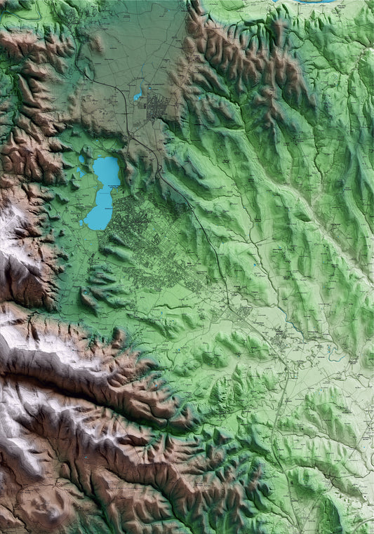Mapa artístico del relieve de Porqueres, en el Pla de l'Estany, con 15 km de entorno y base topográfica ICGC