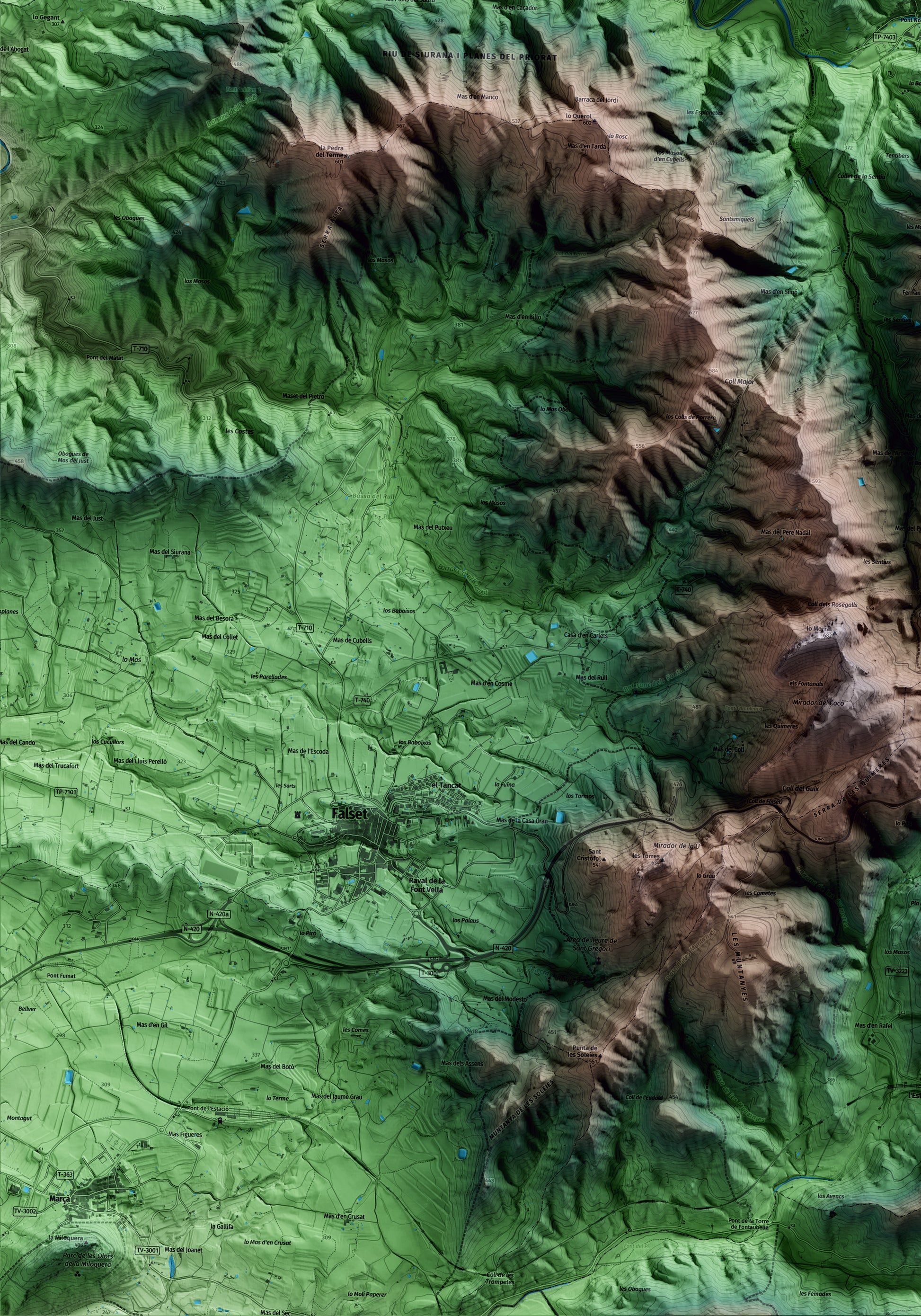 Mapa artístico del relieve de Porrera, al Priorat, con 15 km de entorno y base topográfica ICGC. Detalle de la zona inferior izquierda.