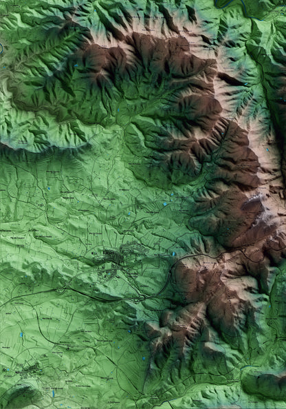 Mapa artístico del relieve de Porrera, al Priorat, con 15 km de entorno y base topográfica ICGC. Detalle de la zona inferior izquierda.
