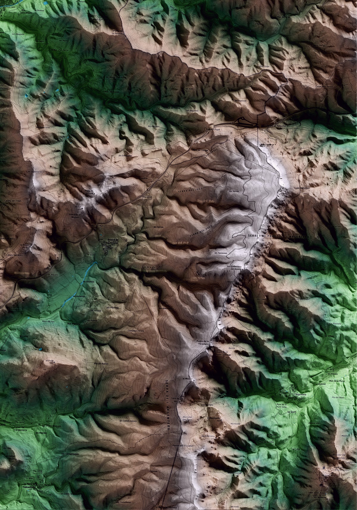Mapa artístico del relieve de Porrera, al Priorat, con 15 km de entorno y base topográfica ICGC. Detalle de la zona inferior derecha.