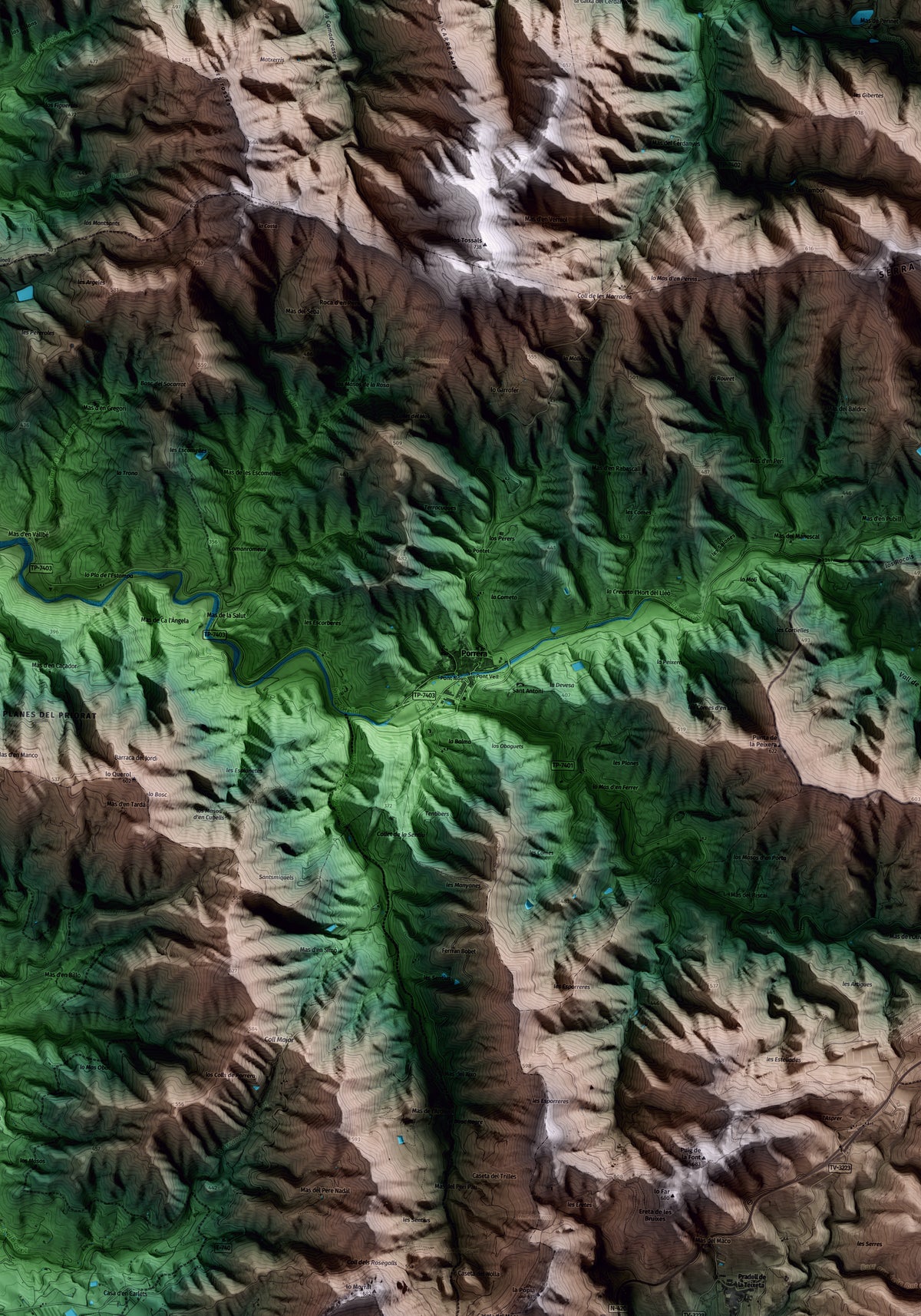Mapa artístico del relieve de Porrera, al Priorat, con 15 km de entorno y base topográfica ICGC. Detalle de la zona central.