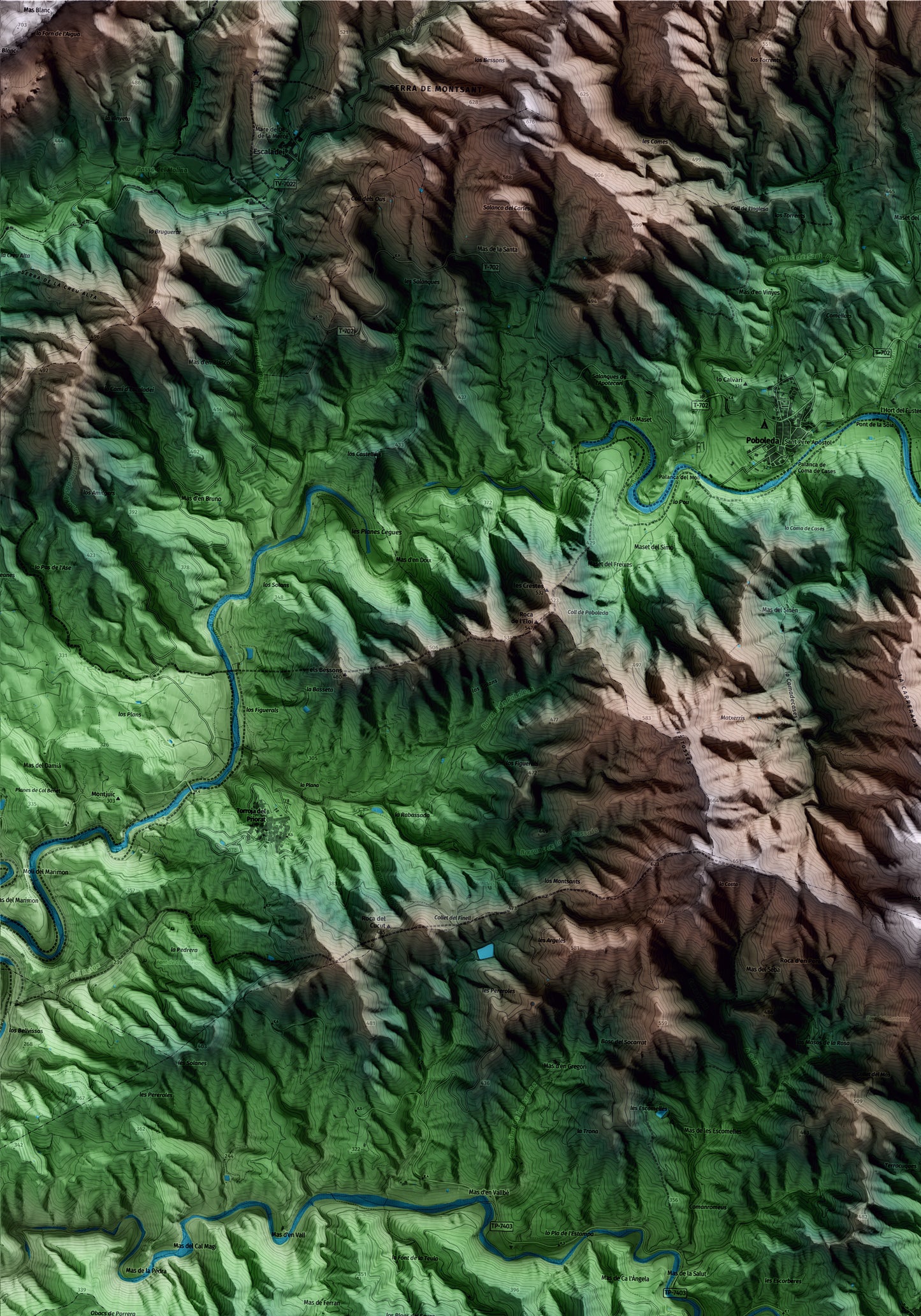 Mapa artístico del relieve de Porrera, al Priorat, con 15 km de entorno y base topográfica ICGC. Detalle de la zona superior izquierda.