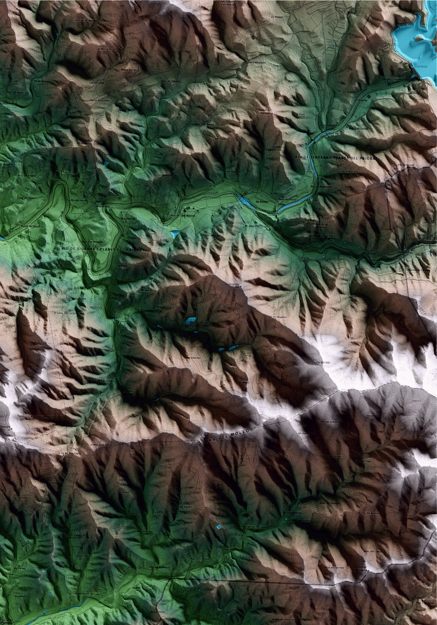 Mapa artístico del relieve de Porrera, al Priorat, con 15 km de entorno y base topográfica ICGC. Detalle de la zona superior derecha.