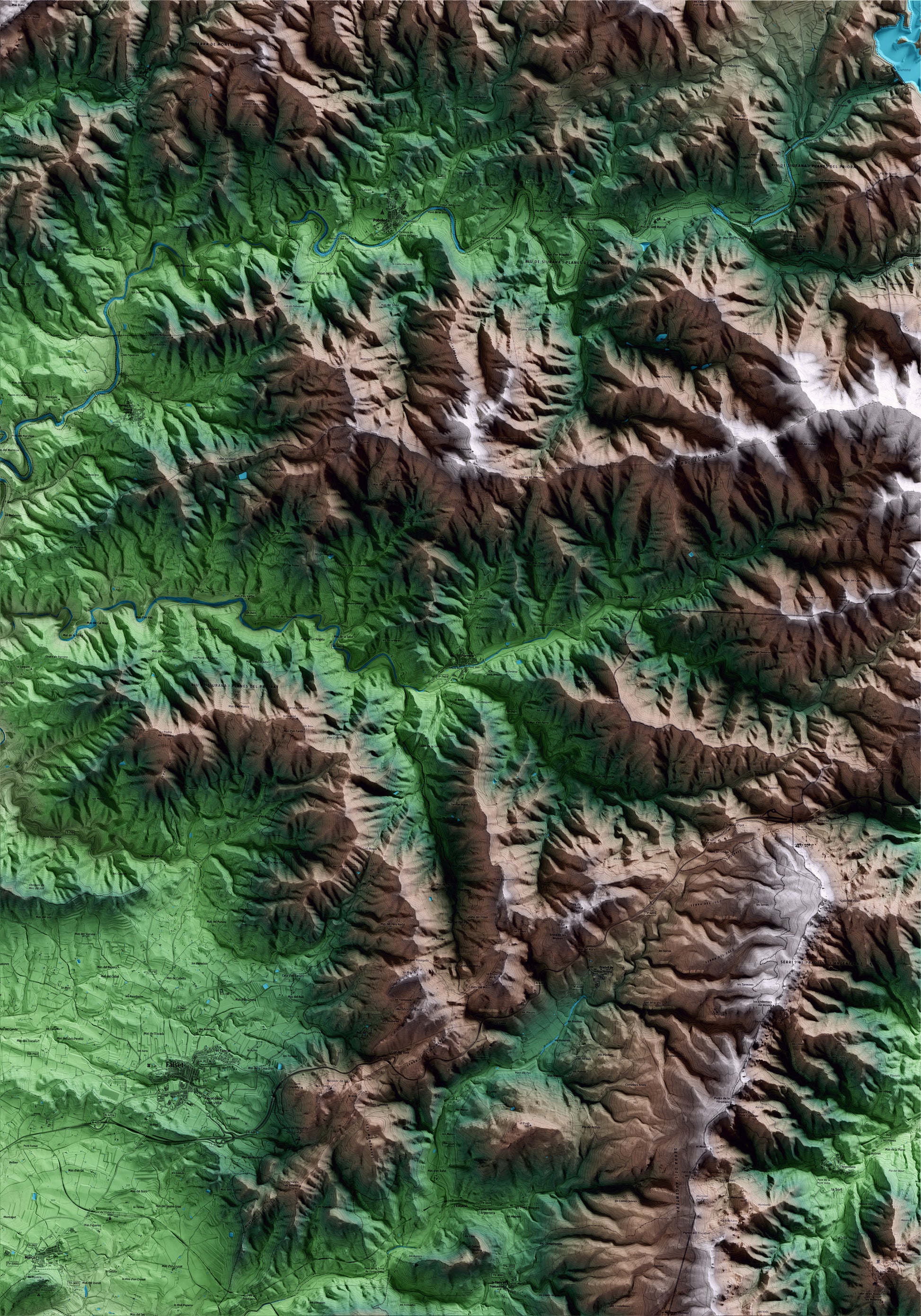 Mapa artístico del relieve de Porrera, al Priorat, con 15 km de entorno y base topográfica ICGC