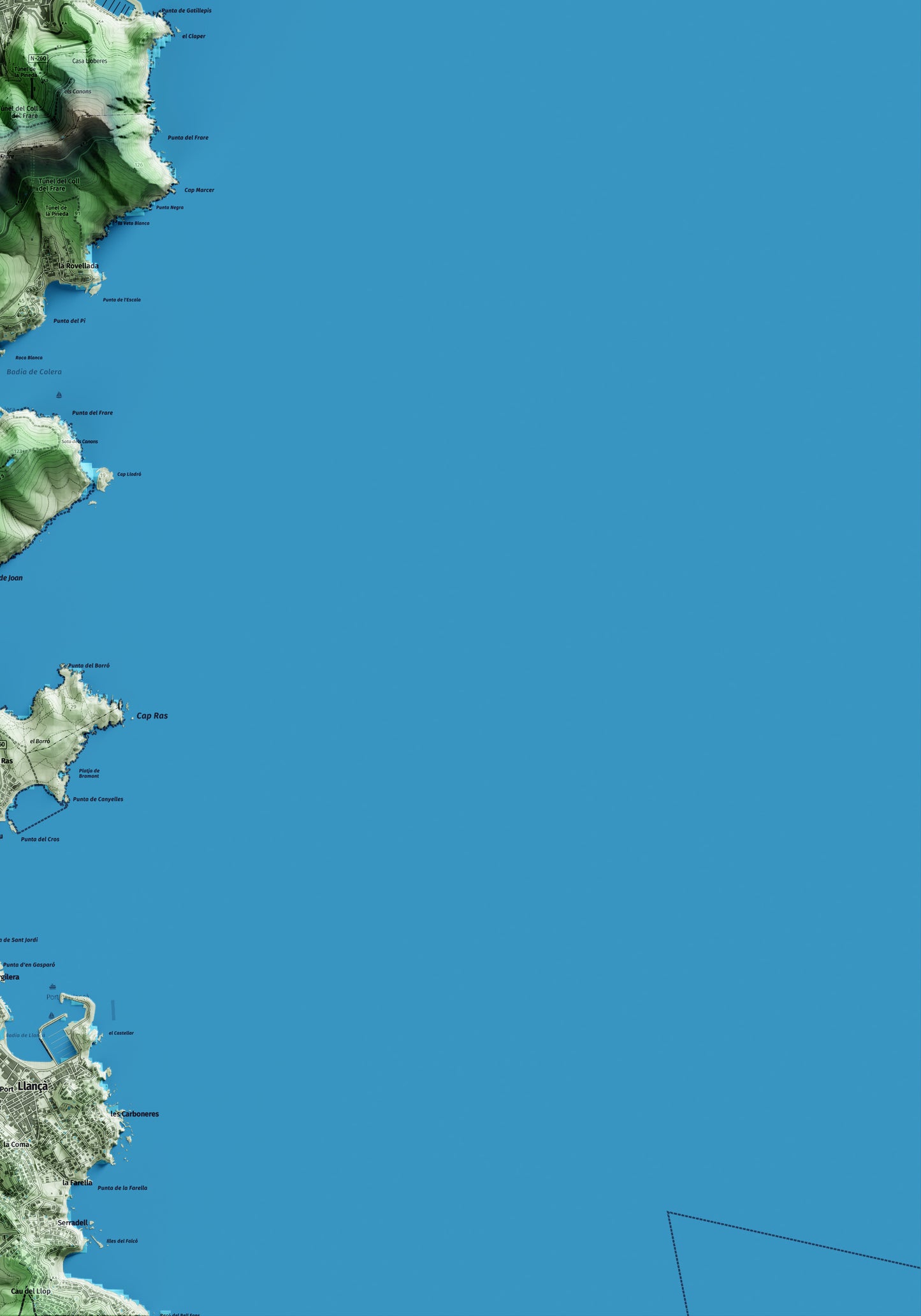 Mapa artístico del relieve de Portbou, al Alt Empordà, con 15 km de entorno y base topográfica ICGC. Detalle de la zona inferior derecha.