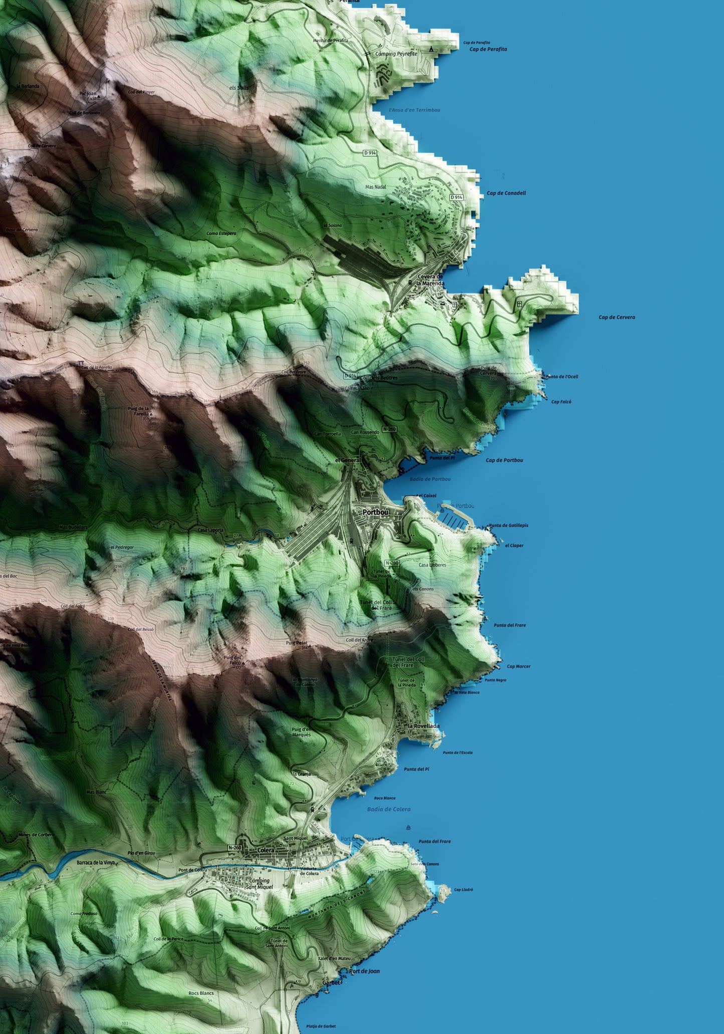 Mapa artístico del relieve de Portbou, al Alt Empordà, con 15 km de entorno y base topográfica ICGC. Detalle de la zona central.