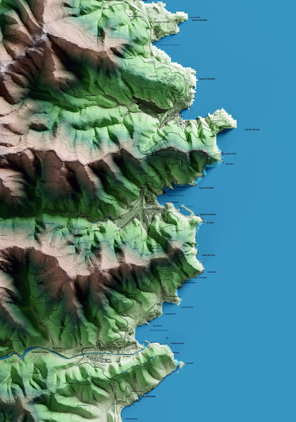 Mapa artístico del relieve de Portbou, al Alt Empordà, con 15 km de entorno y base topográfica ICGC. Detalle de la zona central.