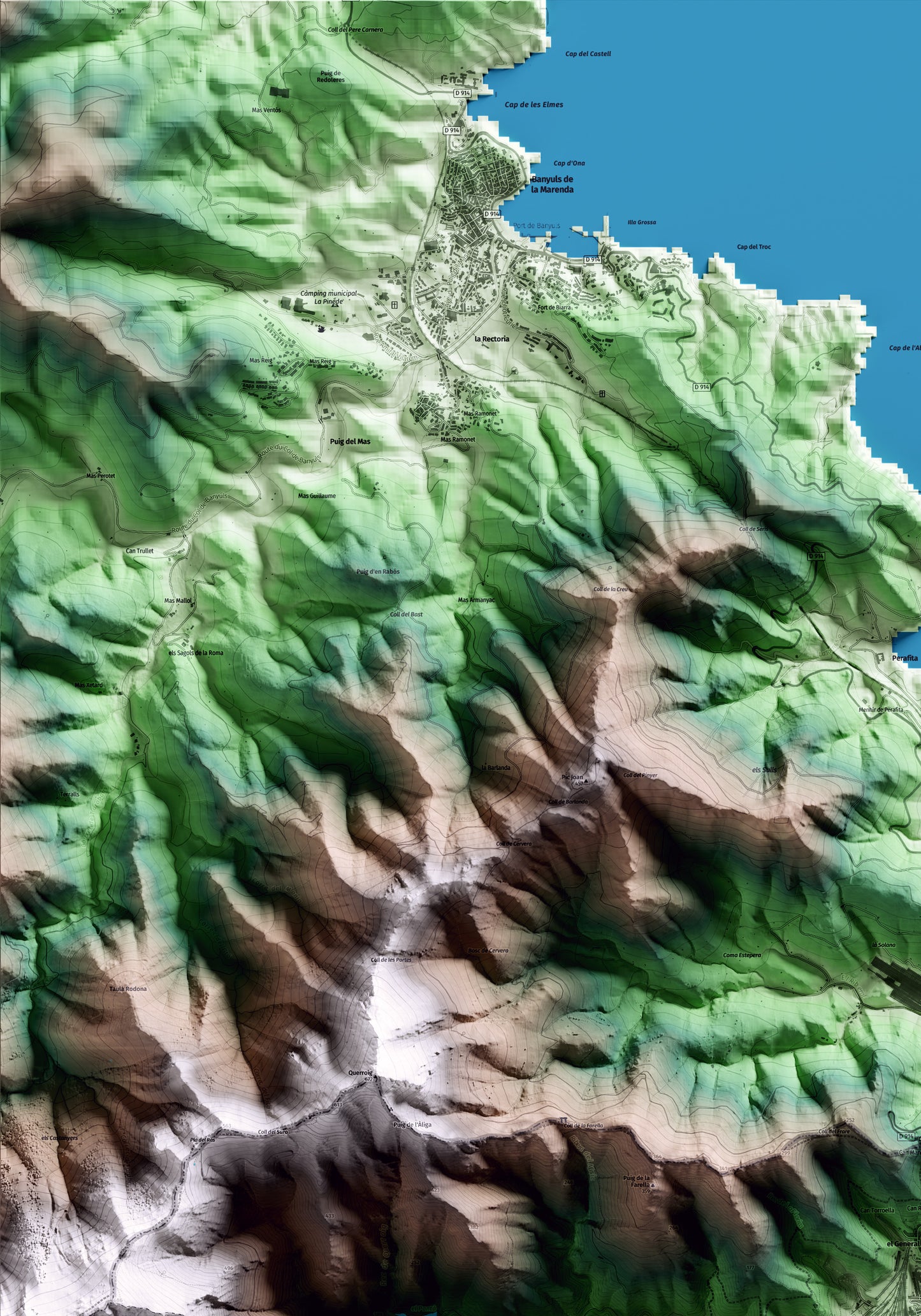 Mapa artístico del relieve de Portbou, al Alt Empordà, con 15 km de entorno y base topográfica ICGC. Detalle de la zona superior izquierda.