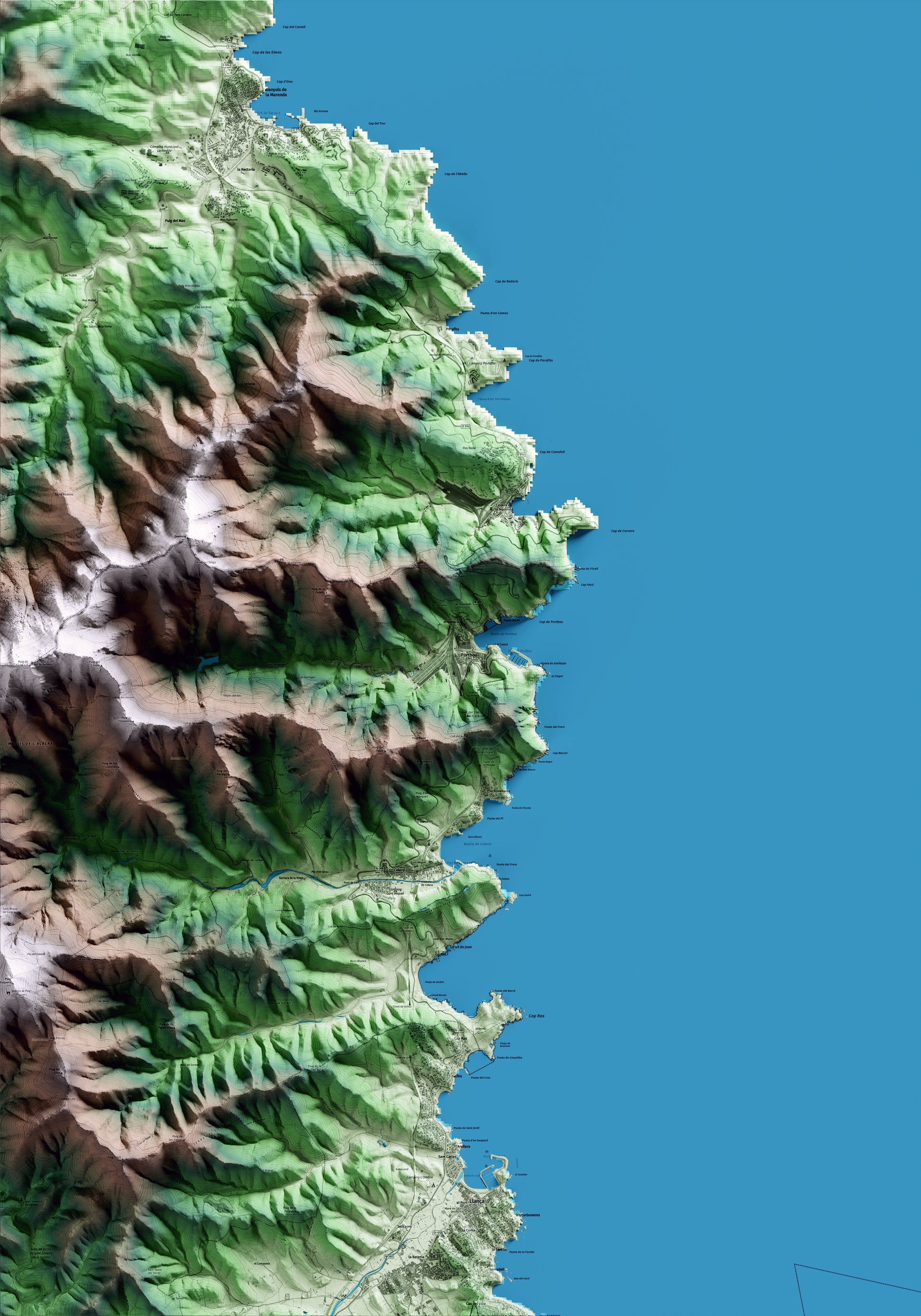 Mapa artístico del relieve de Portbou, al Alt Empordà, con 15 km de entorno y base topográfica ICGC