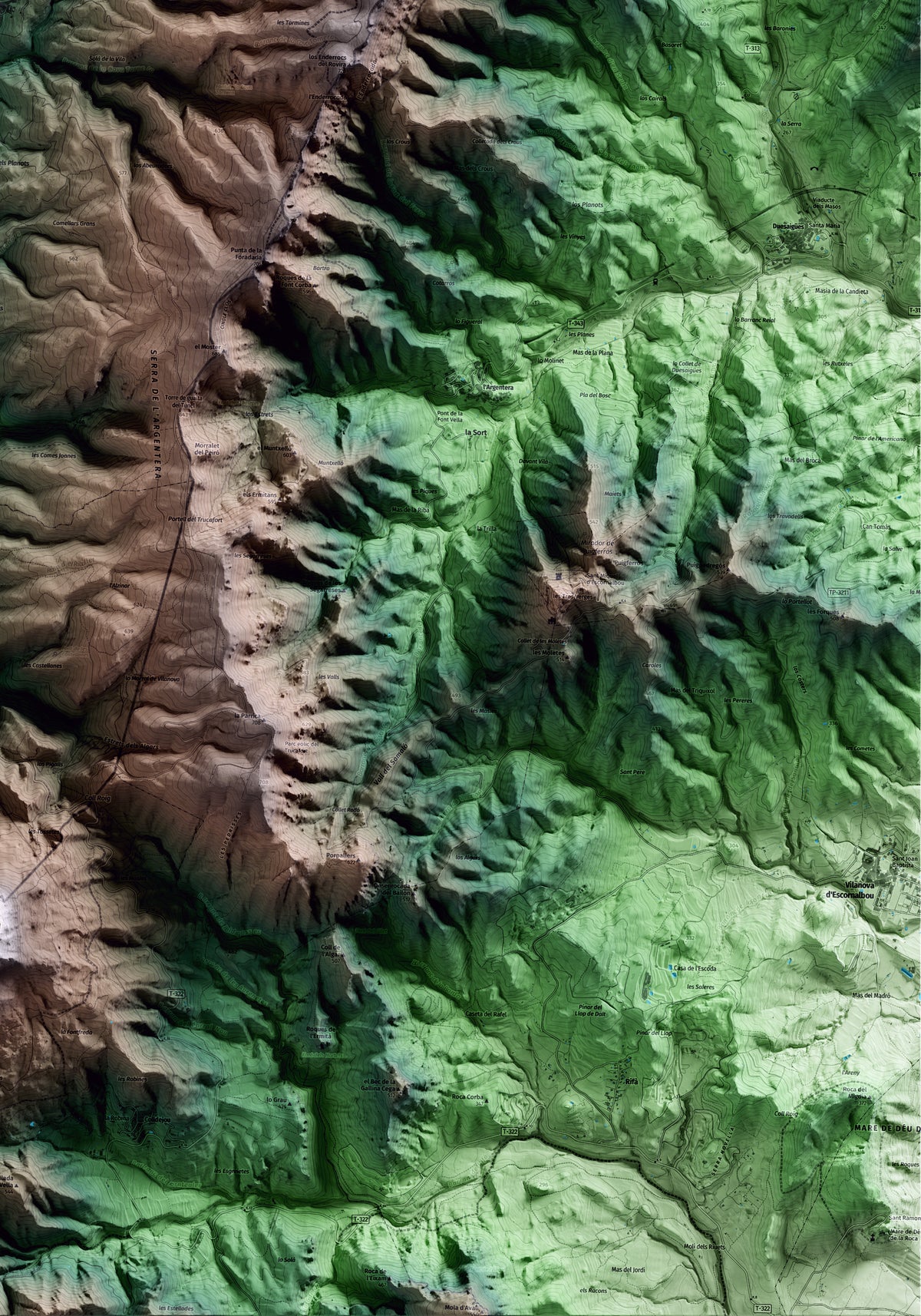 Mapa artístico del relieve de Pradell de la Teixeta, al Priorat, con 15 km de entorno y base topográfica ICGC. Detalle de la zona inferior derecha.