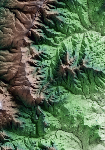Mapa artístico del relieve de Pradell de la Teixeta, al Priorat, con 15 km de entorno y base topográfica ICGC. Detalle de la zona inferior derecha.