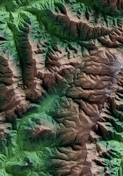 Mapa artístico del relieve de Pradell de la Teixeta, al Priorat, con 15 km de entorno y base topográfica ICGC. Detalle de la zona central.