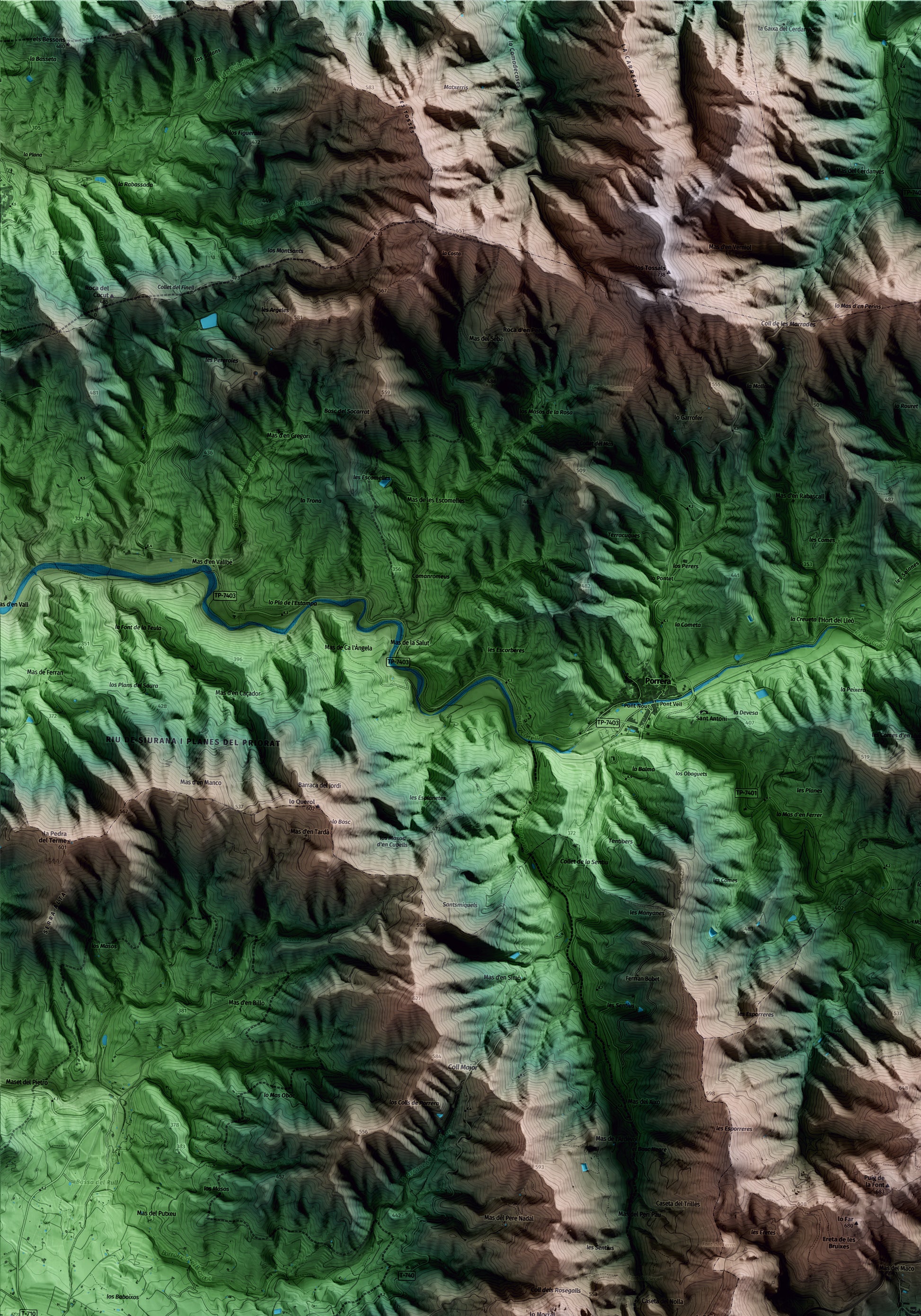 Mapa artístico del relieve de Pradell de la Teixeta, al Priorat, con 15 km de entorno y base topográfica ICGC. Detalle de la zona superior izquierda.
