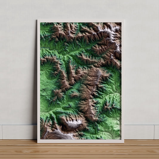Mapa artístico del relieve de Pradell de la Teixeta, al Priorat, con 15 km de entorno y base topográfica ICGC. Presentación enmarcada.