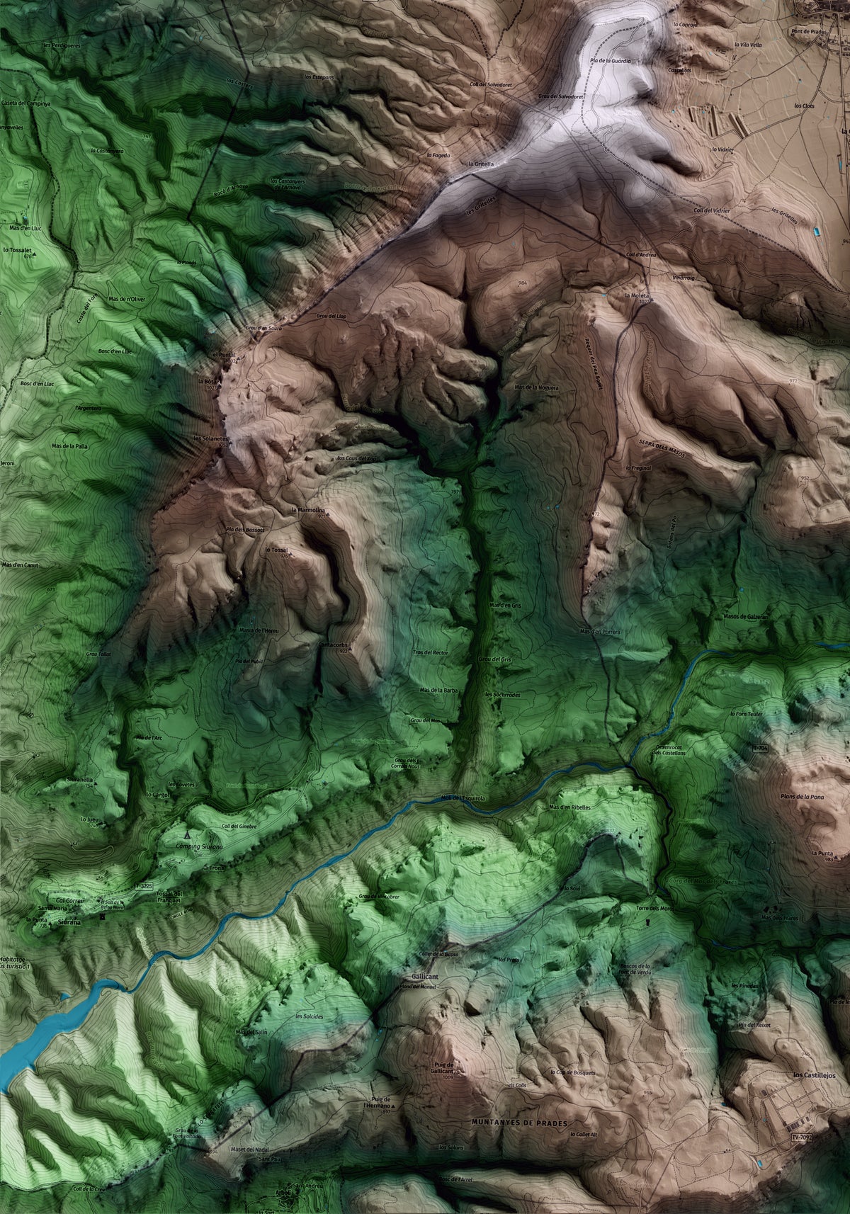Mapa artístico del relieve de Prades, al Baix Camp, con 15 km de entorno y base topográfica ICGC. Detalle de la zona inferior izquierda.