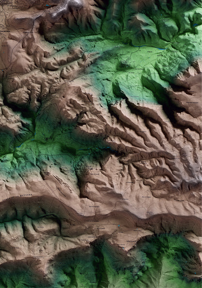 Mapa artístico del relieve de Prades, al Baix Camp, con 15 km de entorno y base topográfica ICGC. Detalle de la zona inferior derecha.
