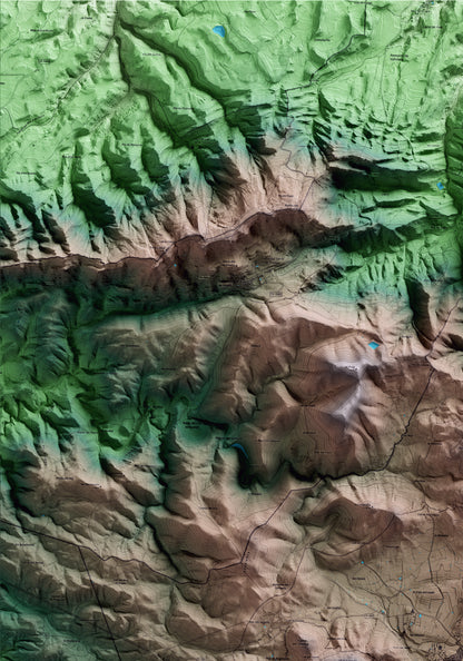 Mapa artístico del relieve de Prades, al Baix Camp, con 15 km de entorno y base topográfica ICGC. Detalle de la zona superior izquierda.