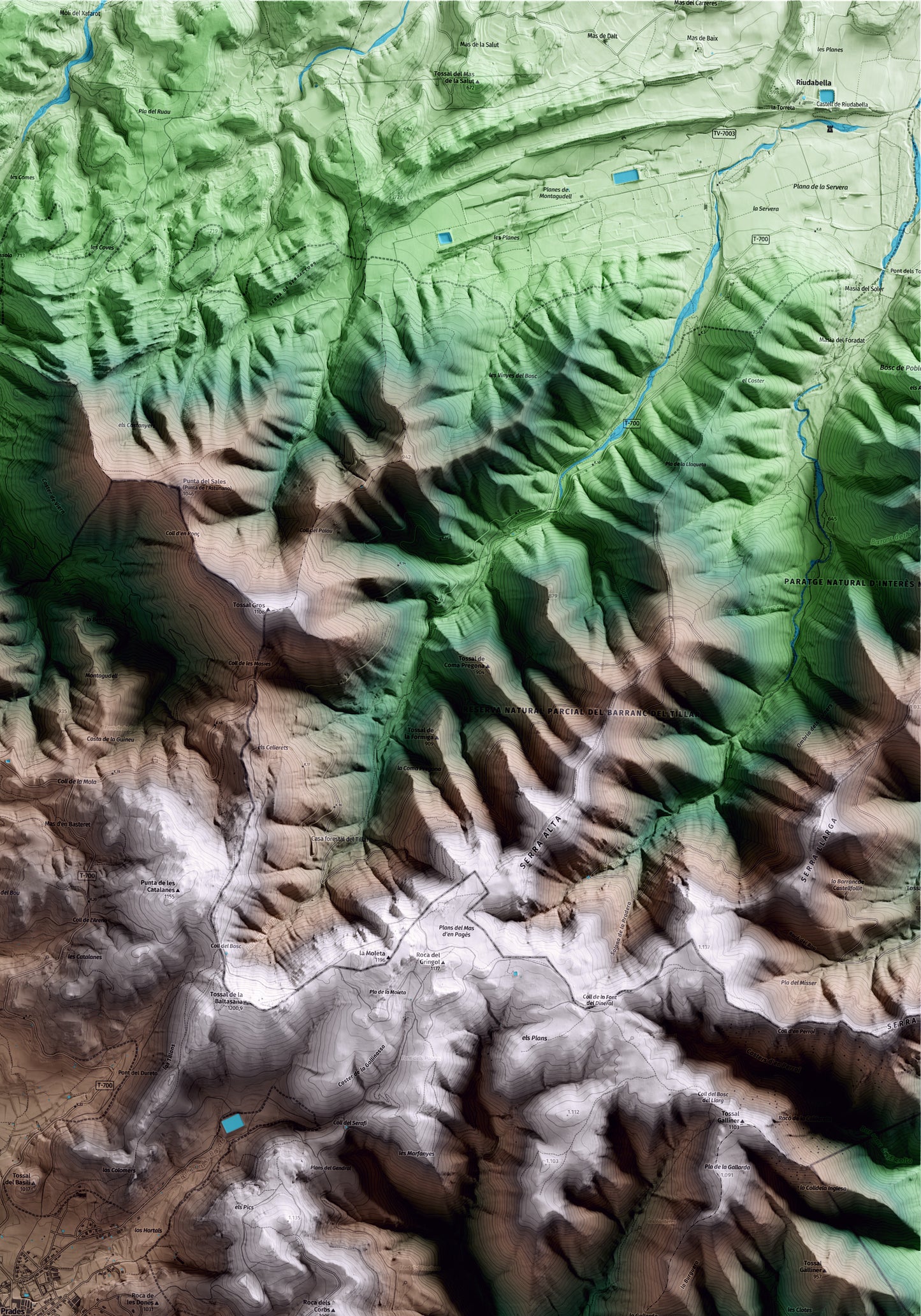 Mapa artístico del relieve de Prades, al Baix Camp, con 15 km de entorno y base topográfica ICGC. Detalle de la zona superior derecha.
