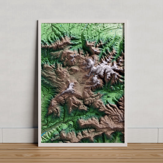 Mapa artístico del relieve de Prades, al Baix Camp, con 15 km de entorno y base topográfica ICGC. Presentación enmarcada.