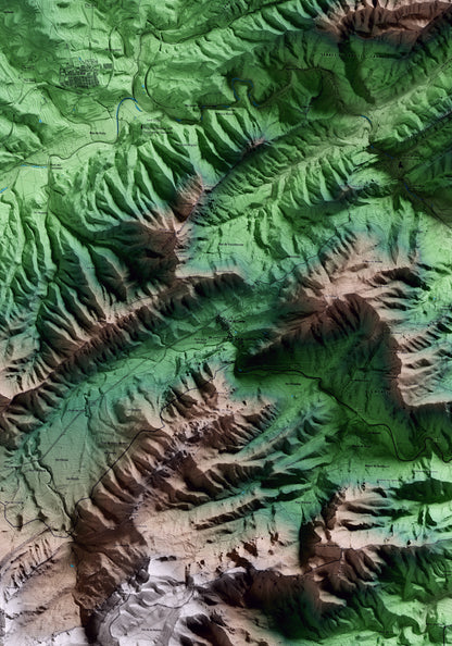 Mapa artístico del relieve de Prat de Comte, a la Terra Alta, con 15 km de entorno y base topográfica ICGC. Detalle de la zona central.