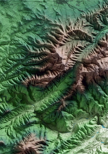Mapa artístico del relieve de Prat de Comte, a la Terra Alta, con 15 km de entorno y base topográfica ICGC. Detalle de la zona superior derecha.