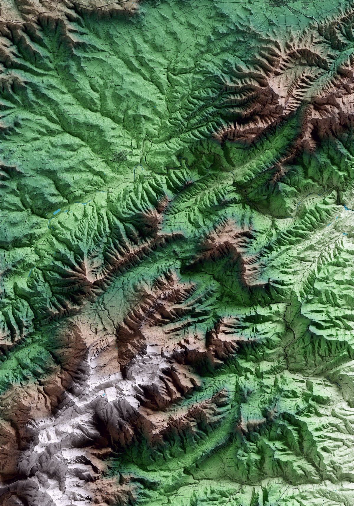 Mapa artístico del relieve de Prat de Comte, a la Terra Alta, con 15 km de entorno y base topográfica ICGC