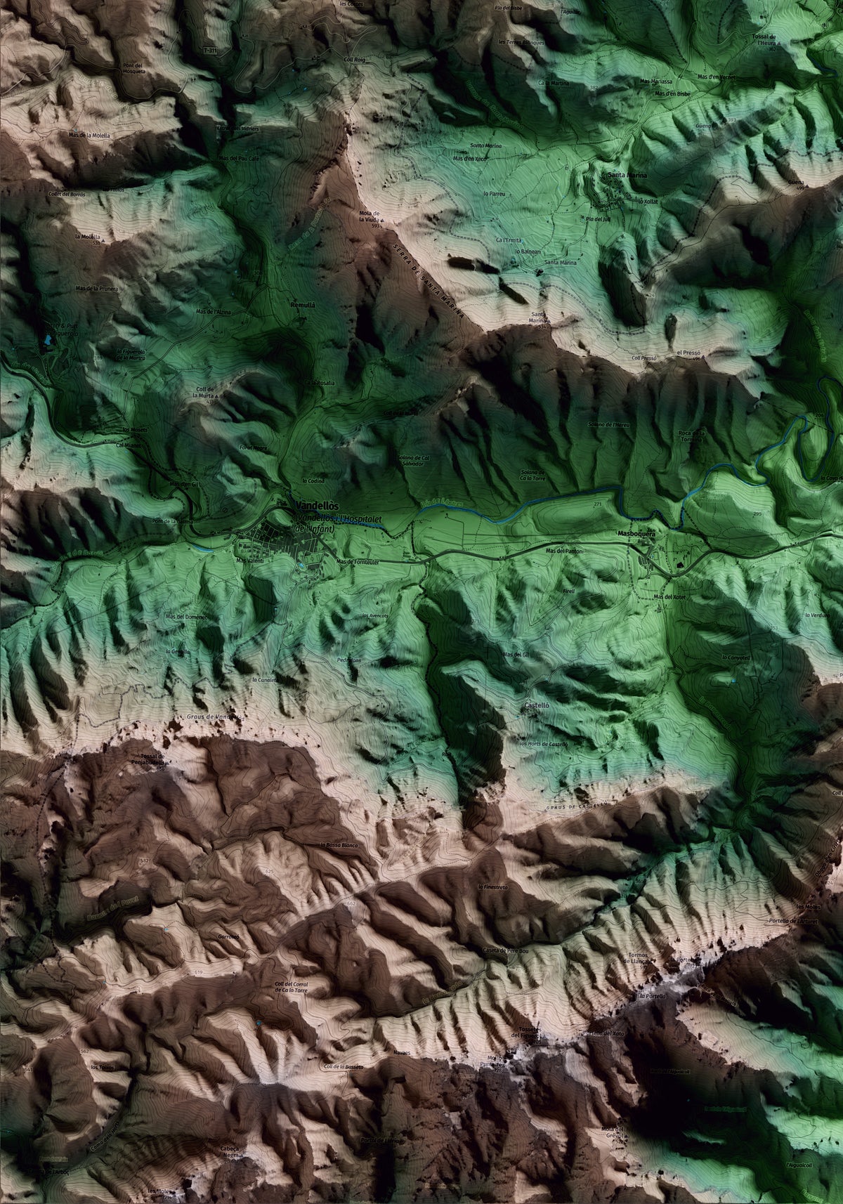 Mapa artístico del relieve de Pratdip, al Baix Camp, con 15 km de entorno y base topográfica ICGC. Detalle de la zona inferior izquierda.