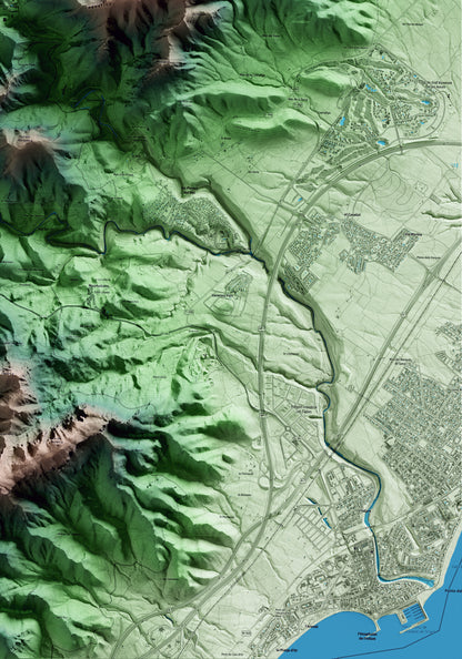 Mapa artístico del relieve de Pratdip, al Baix Camp, con 15 km de entorno y base topográfica ICGC. Detalle de la zona inferior derecha.