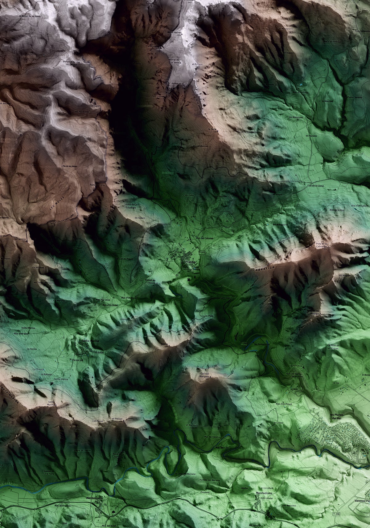 Mapa artístico del relieve de Pratdip, al Baix Camp, con 15 km de entorno y base topográfica ICGC. Detalle de la zona central.