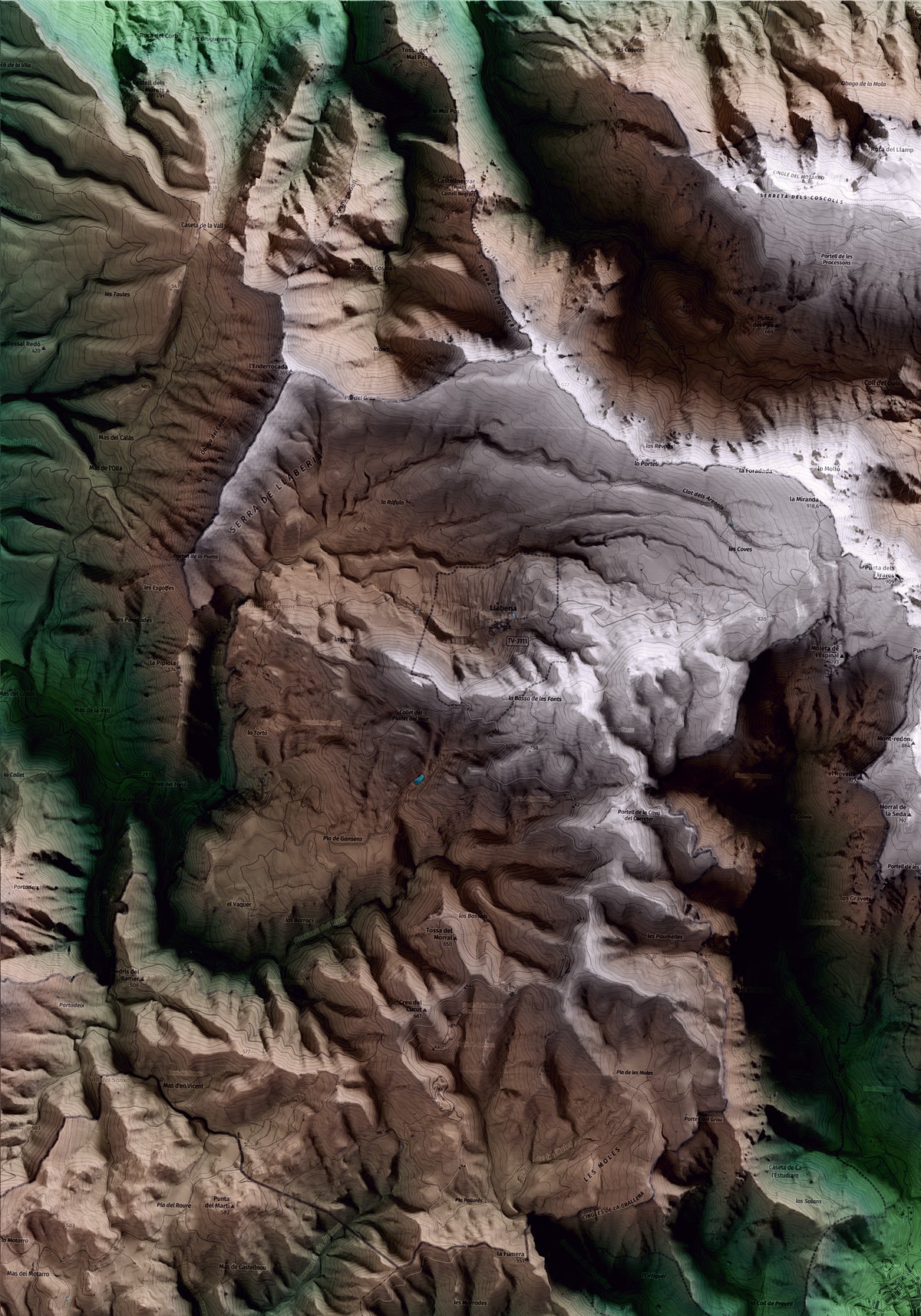 Mapa artístico del relieve de Pratdip, al Baix Camp, con 15 km de entorno y base topográfica ICGC. Detalle de la zona superior izquierda.