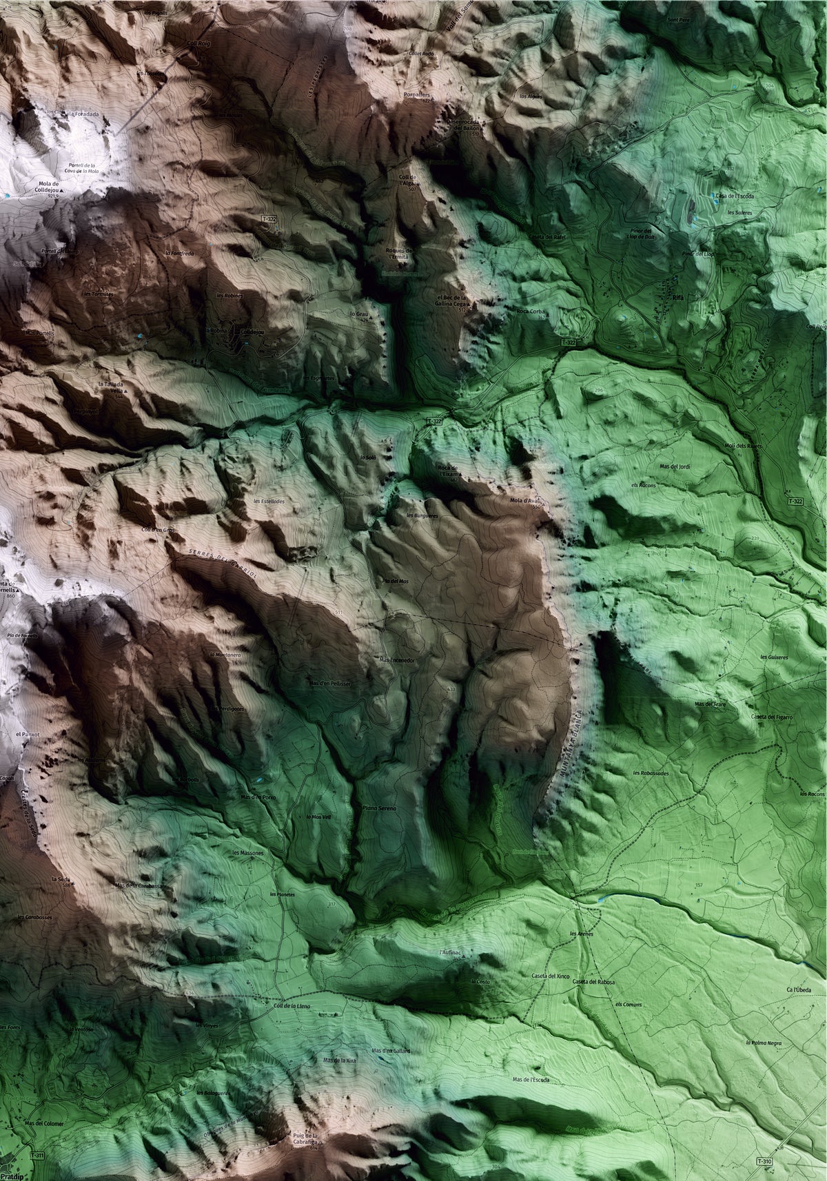 Mapa artístico del relieve de Pratdip, al Baix Camp, con 15 km de entorno y base topográfica ICGC. Detalle de la zona superior derecha.