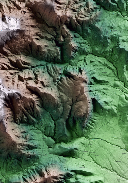 Mapa artístico del relieve de Pratdip, al Baix Camp, con 15 km de entorno y base topográfica ICGC. Detalle de la zona superior derecha.