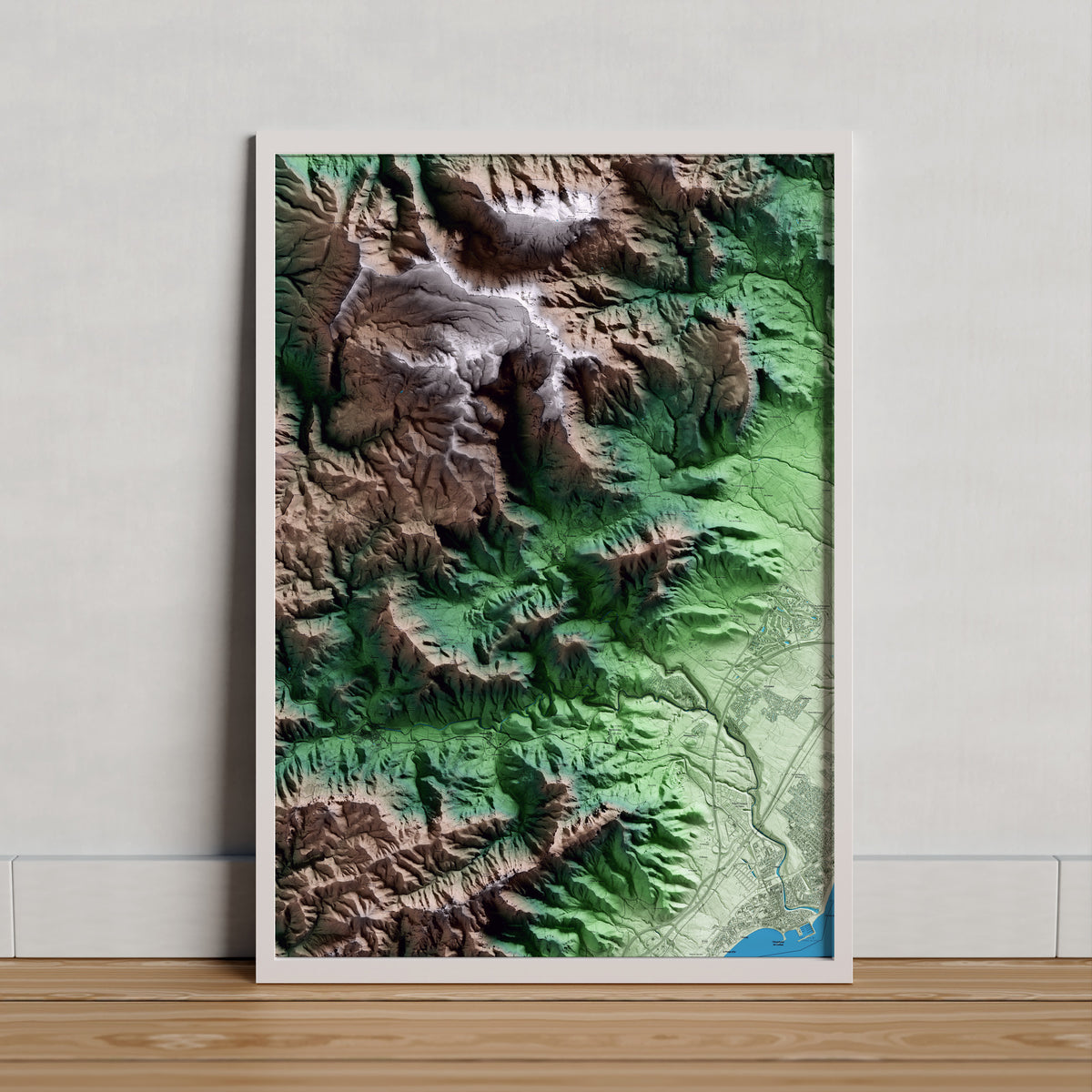 Mapa artístico del relieve de Pratdip, al Baix Camp, con 15 km de entorno y base topográfica ICGC. Presentación enmarcada.