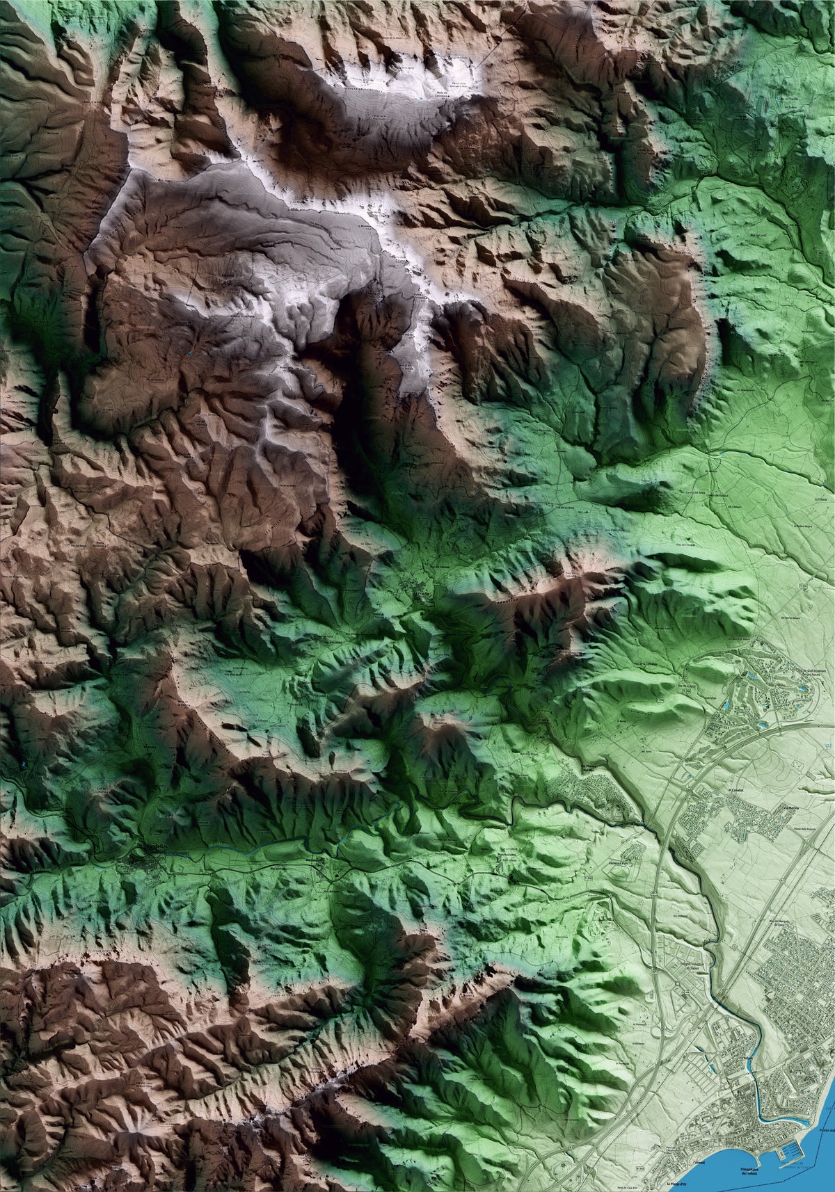 Mapa artístico del relieve de Pratdip, al Baix Camp, con 15 km de entorno y base topográfica ICGC