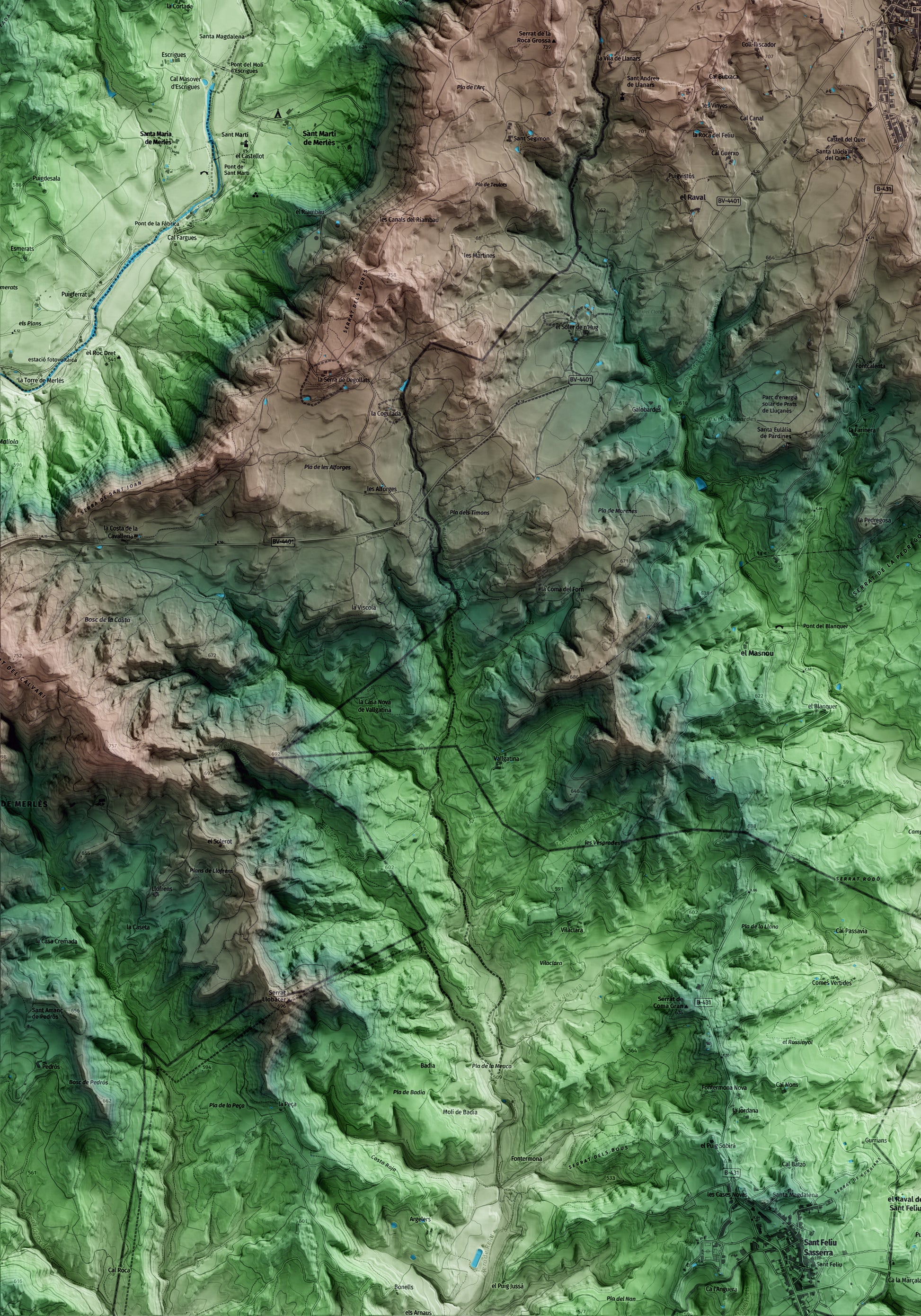 Mapa artístico del relieve de Prats de Lluçanès, al Lluçanès, con 15 km de entorno y base topográfica ICGC. Detalle de la zona inferior izquierda.