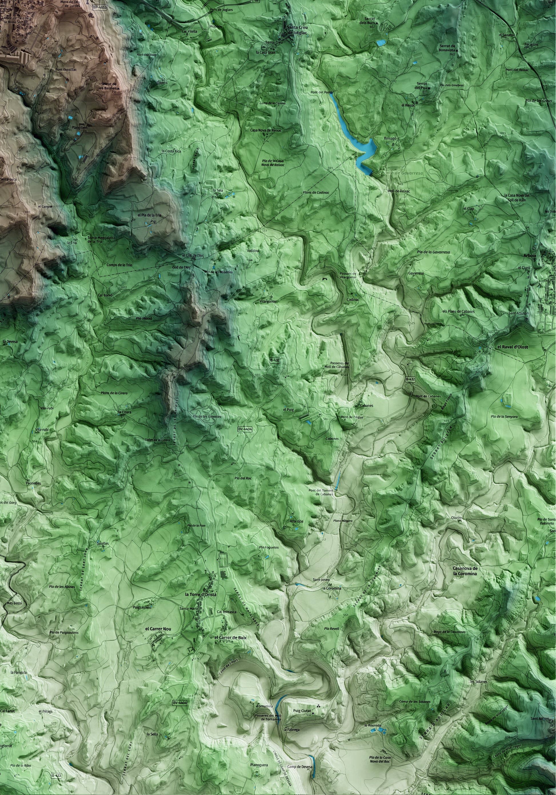 Mapa artístico del relieve de Prats de Lluçanès, al Lluçanès, con 15 km de entorno y base topográfica ICGC. Detalle de la zona inferior derecha.