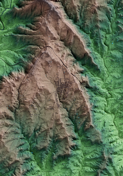 Mapa artístico del relieve de Prats de Lluçanès, al Lluçanès, con 15 km de entorno y base topográfica ICGC. Detalle de la zona central.