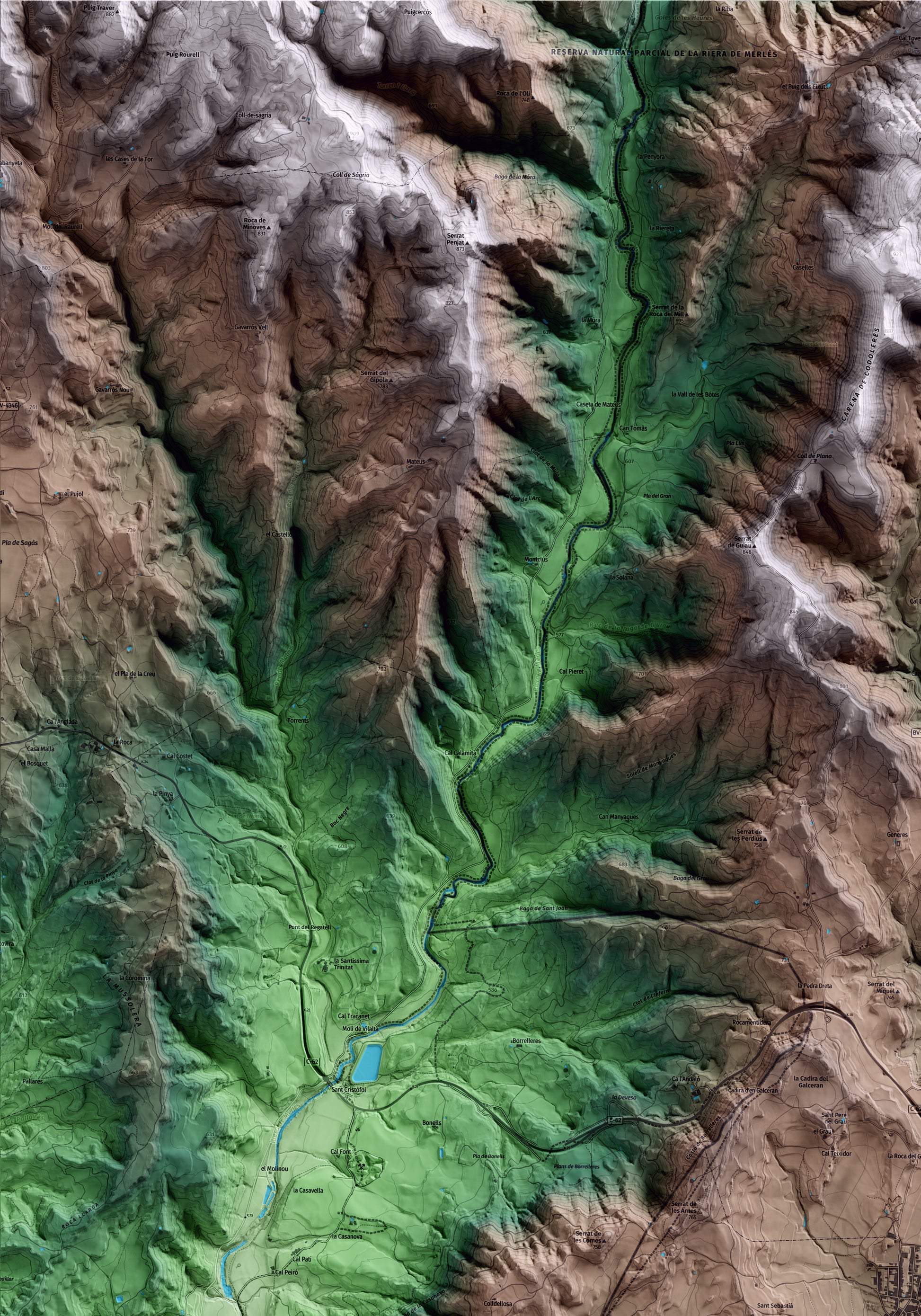 Mapa artístico del relieve de Prats de Lluçanès, al Lluçanès, con 15 km de entorno y base topográfica ICGC. Detalle de la zona superior izquierda.
