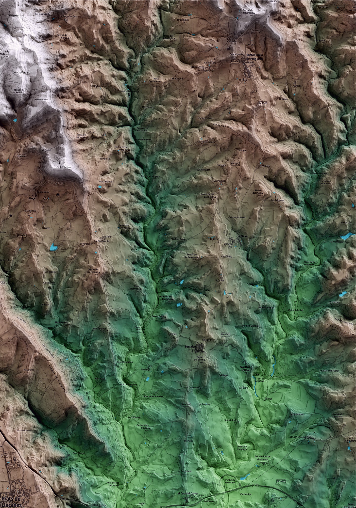 Mapa artístico del relieve de Prats de Lluçanès, al Lluçanès, con 15 km de entorno y base topográfica ICGC. Detalle de la zona superior derecha.